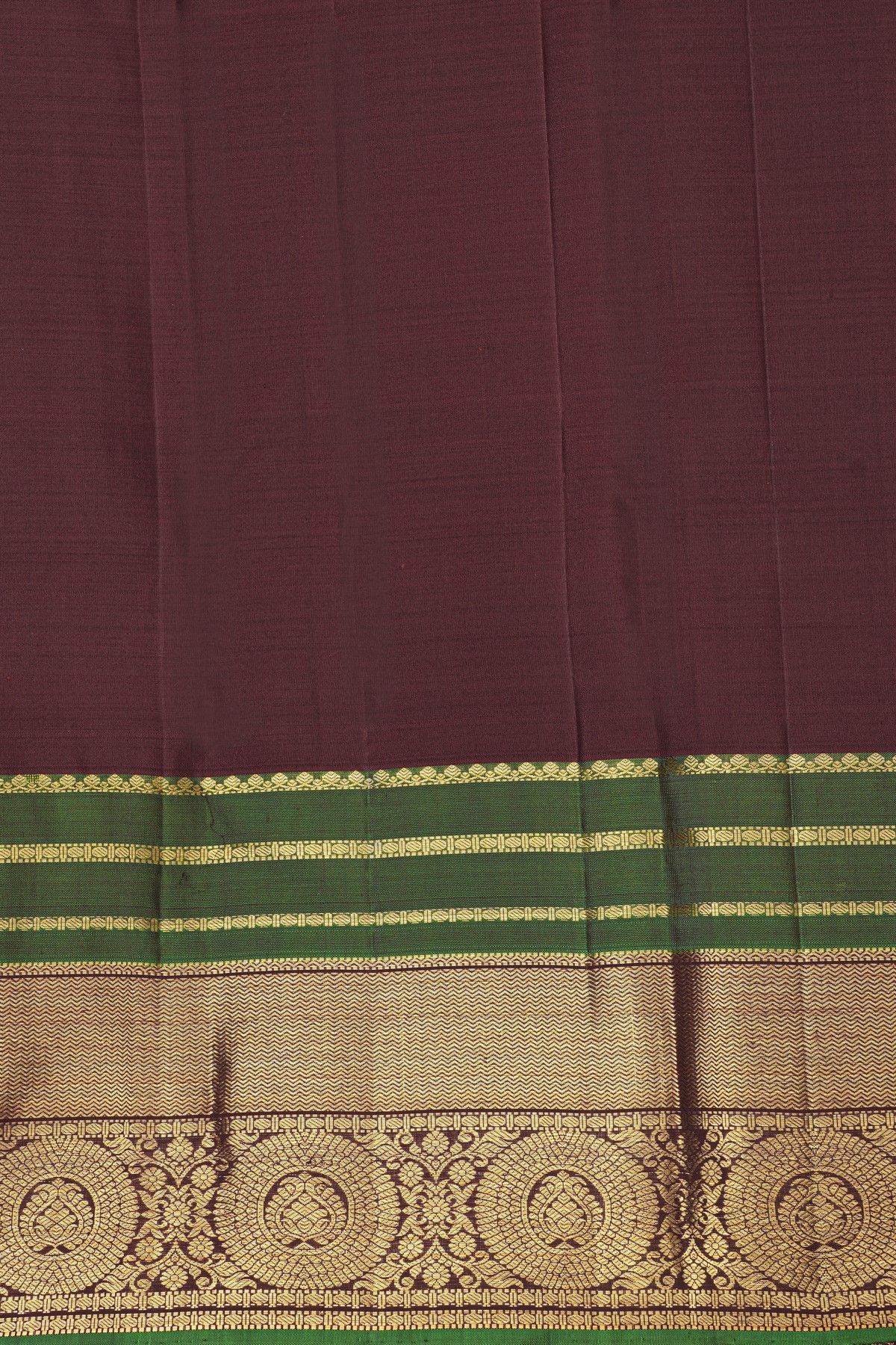 Kancheepuram Silk Dark Brown Saree With Florals And Peacock Buttis Body