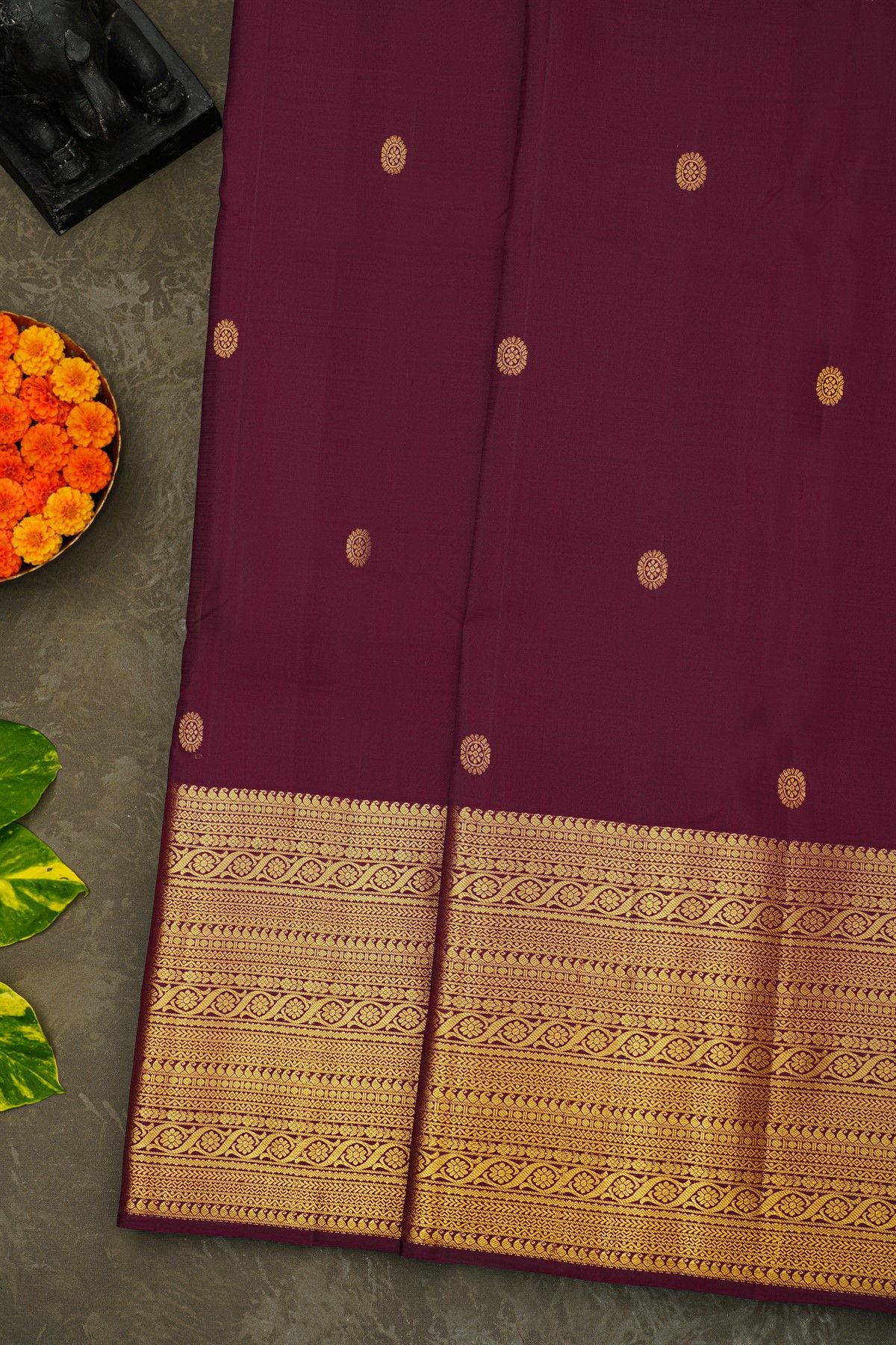 Kancheepuram Silk Wine Saree With Florals And Buttis Body And Self Border