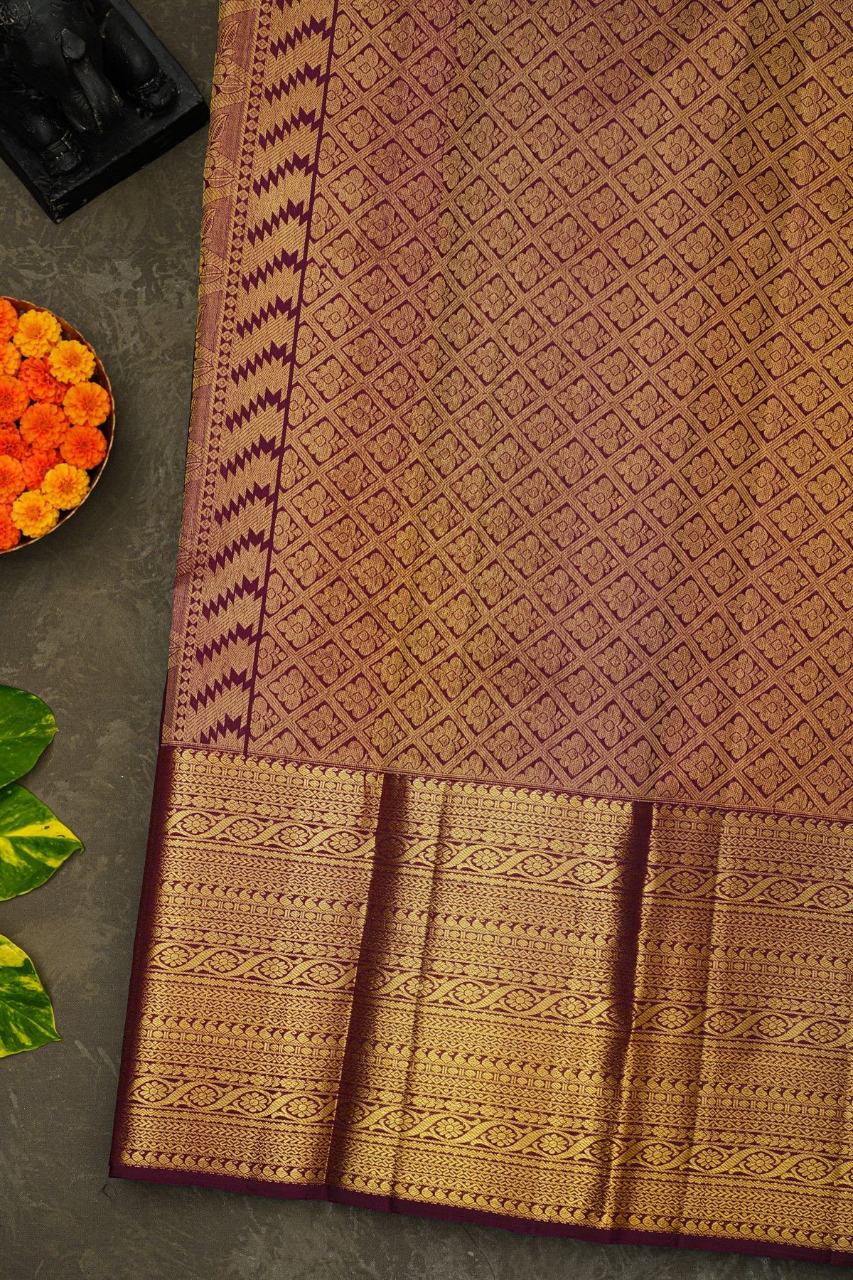 Kancheepuram Silk Wine Saree With Florals And Buttis Body And Self Border