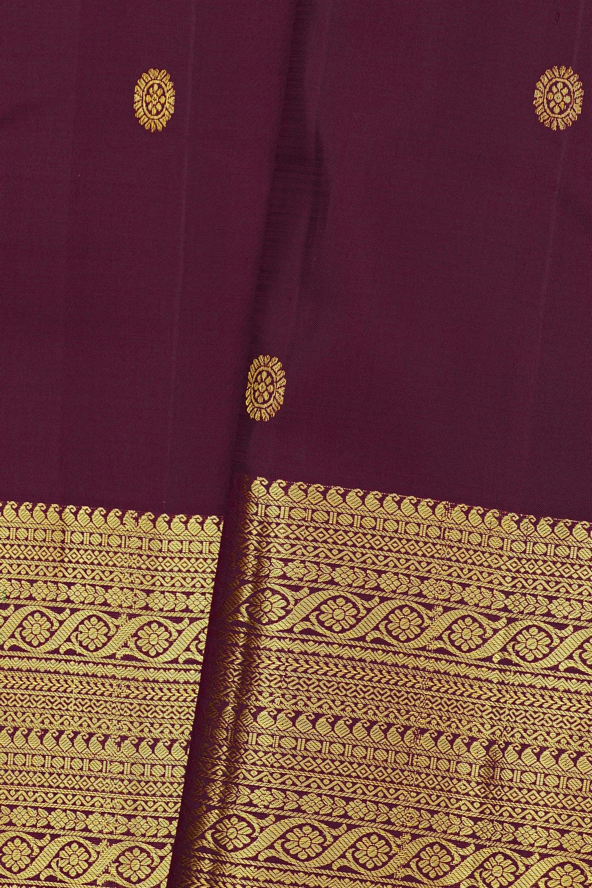 Kancheepuram Silk Wine Saree With Florals And Buttis Body And Self Border