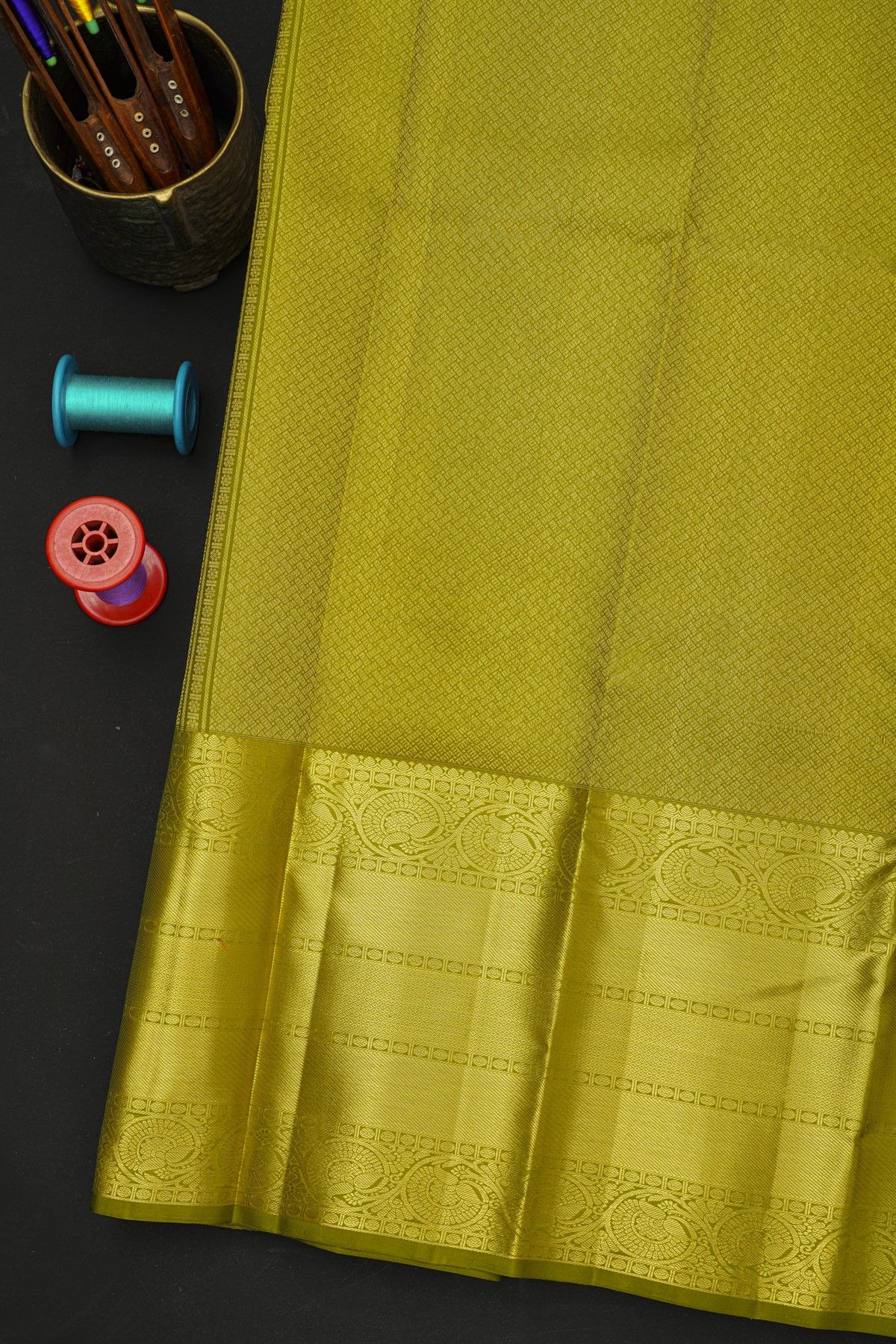 Kancheepuram Silk Mehendi Green Saree With Florals And Diamonds Cross Lines Border