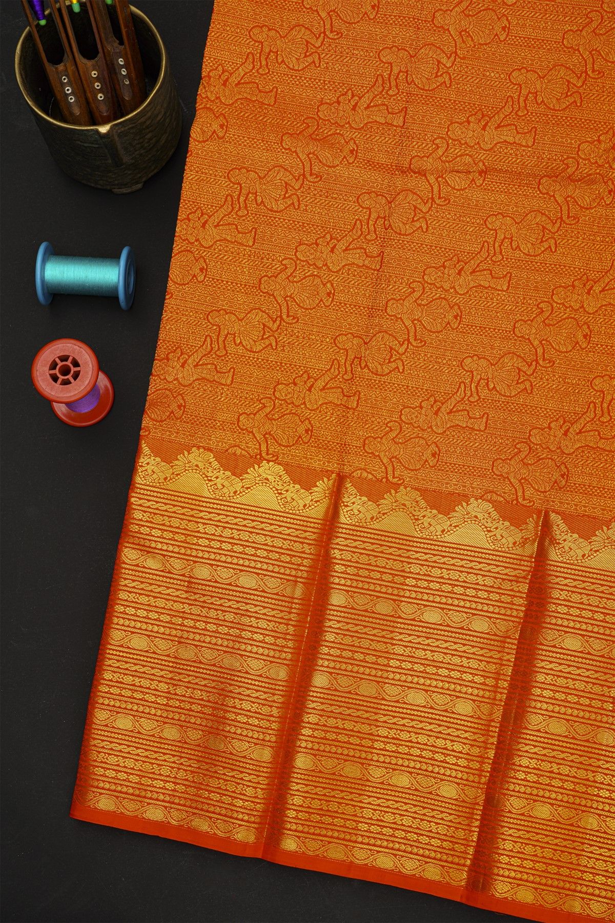 Kancheepuram Silk Orange Saree With Florals And Peacocks In Zari Body