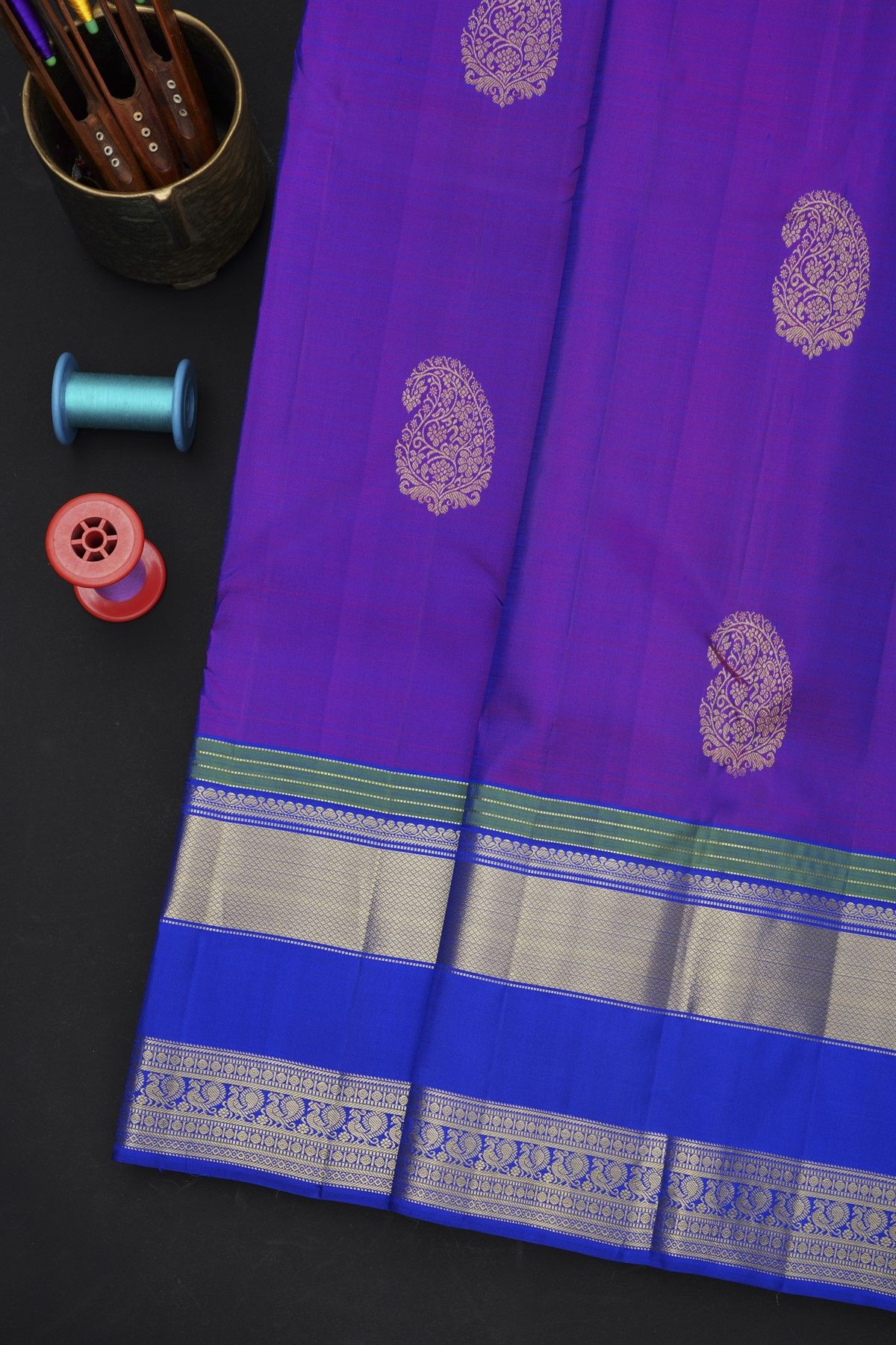 Kancheepuram Silk Purple Saree With Florals And Paisleys In Zari Body