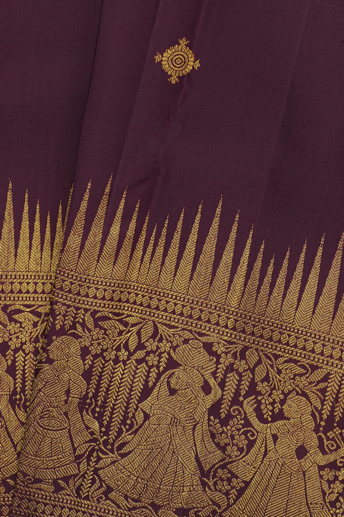Kancheepuram Silk Wine Saree With Florals Leaves And Women Motifs Border