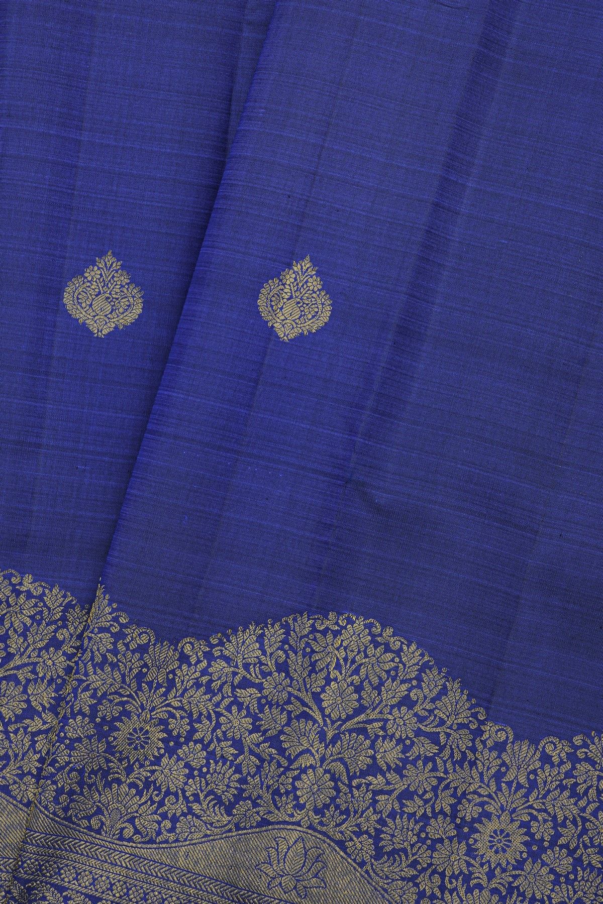 Kancheepuram Silk Navy Blue Saree With Florals And Leaves Jaal Border