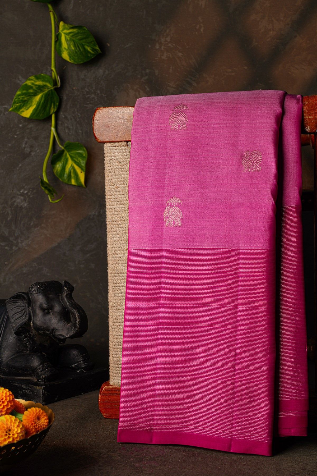Kancheepuram Silk Blush Pink Saree With Elephants And Peacock Buttis Body