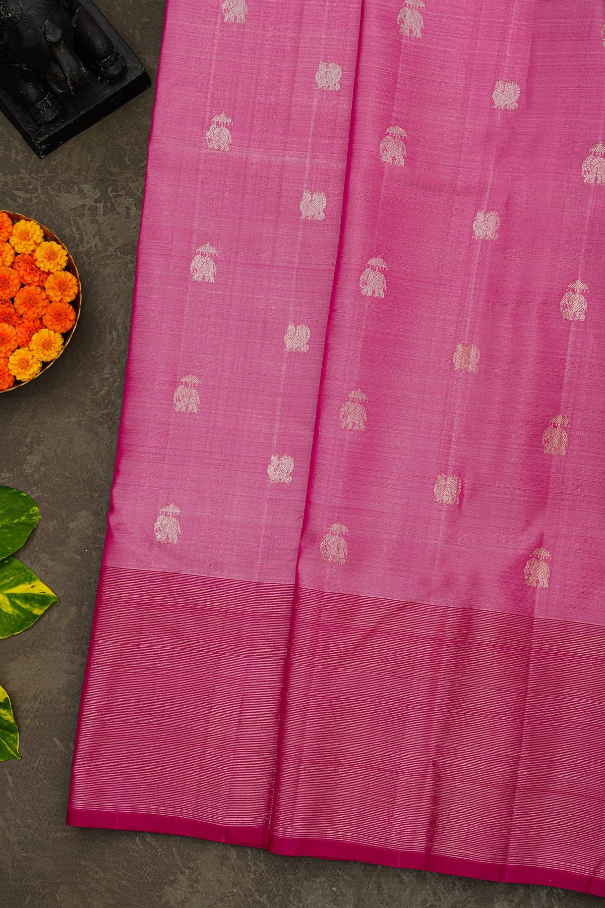 Kancheepuram Silk Blush Pink Saree With Elephants And Peacock Buttis Body