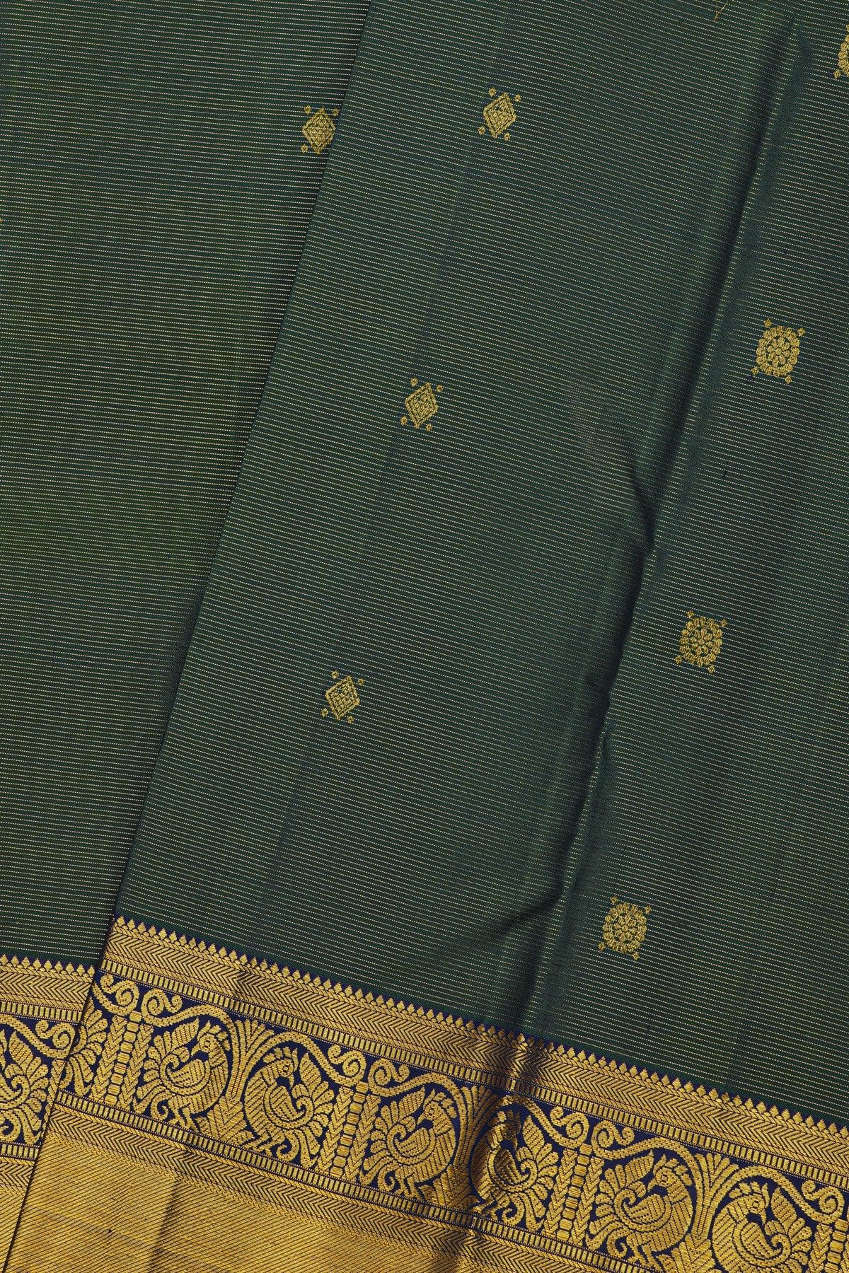Kancheepuram Silk Peacock Green Saree With Zari Lines And Floral Buttis Body