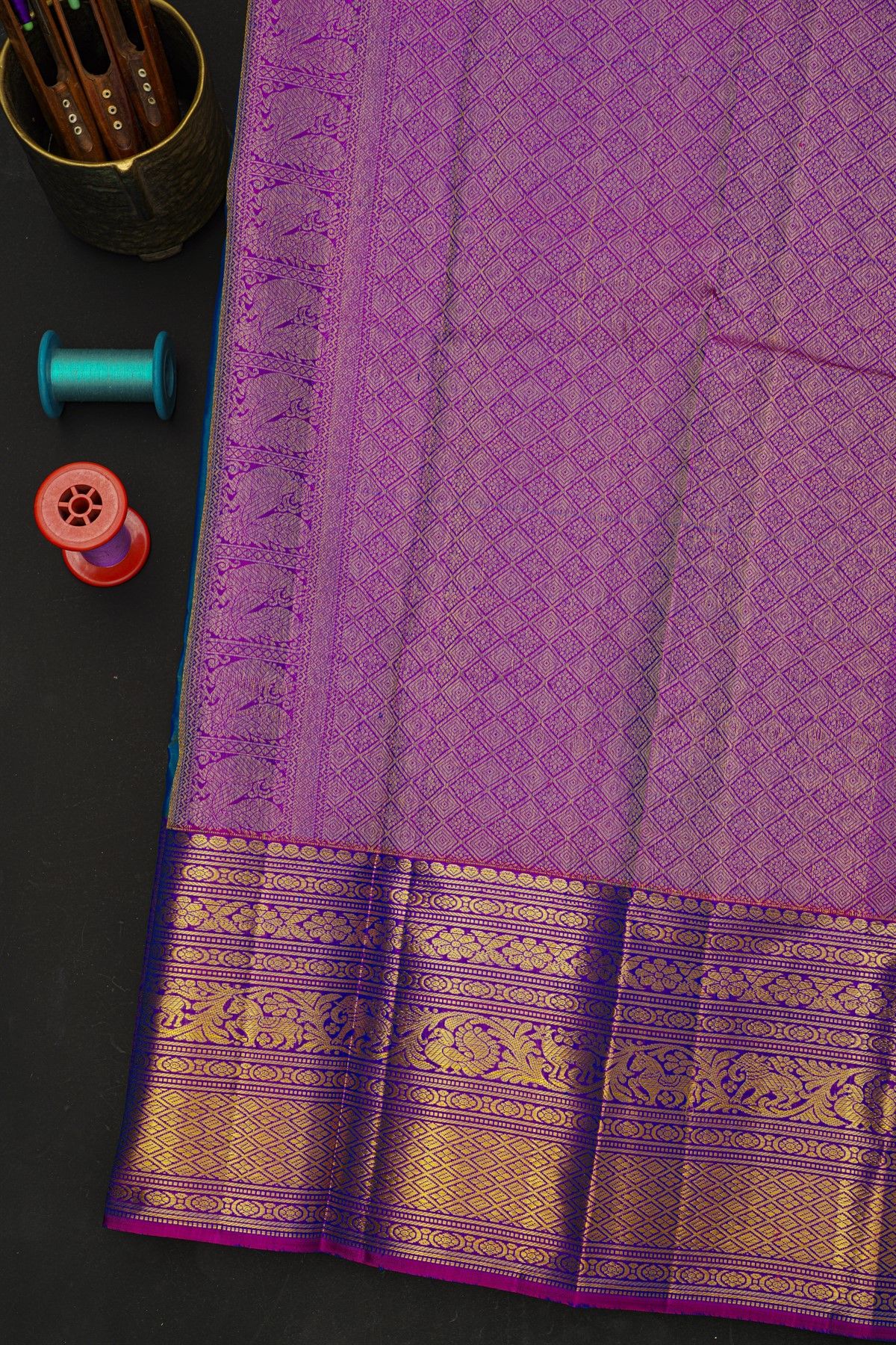 Kancheepuram Silk Blue Saree With Florals And Leaves In Zari Body