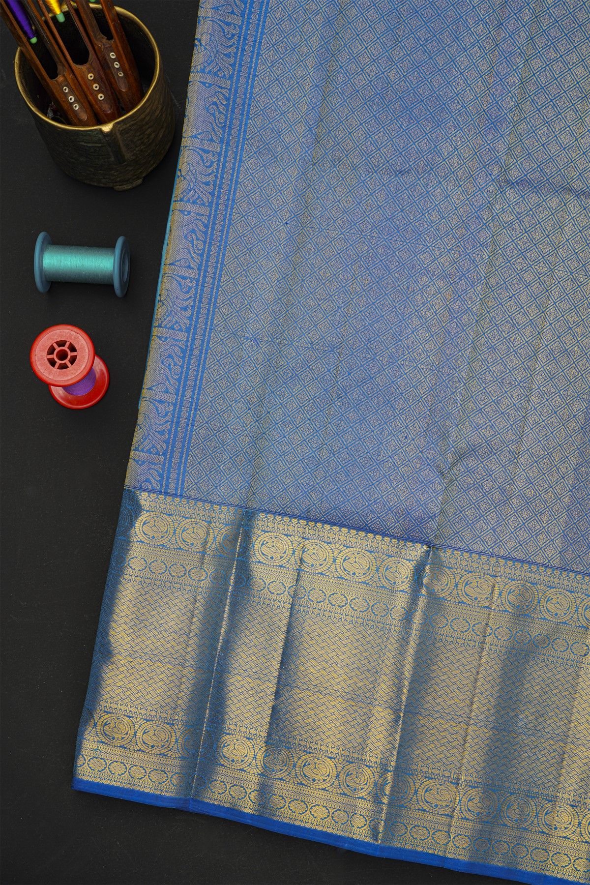 Kancheepuram Silk Sky Blue Saree With Florals And Leaves In Zari Body