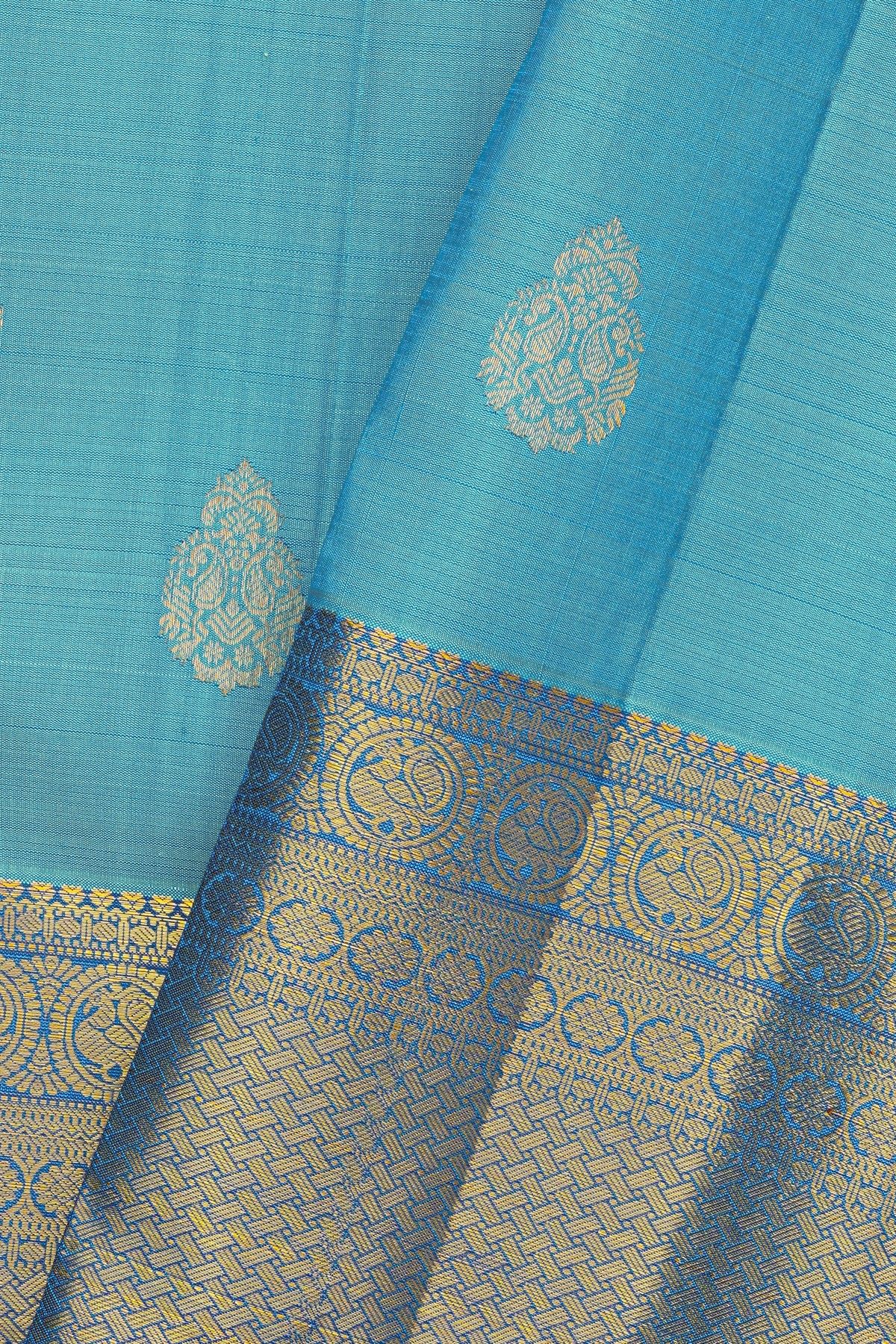 Kancheepuram Silk Sky Blue Saree With Florals And Leaves In Zari Body