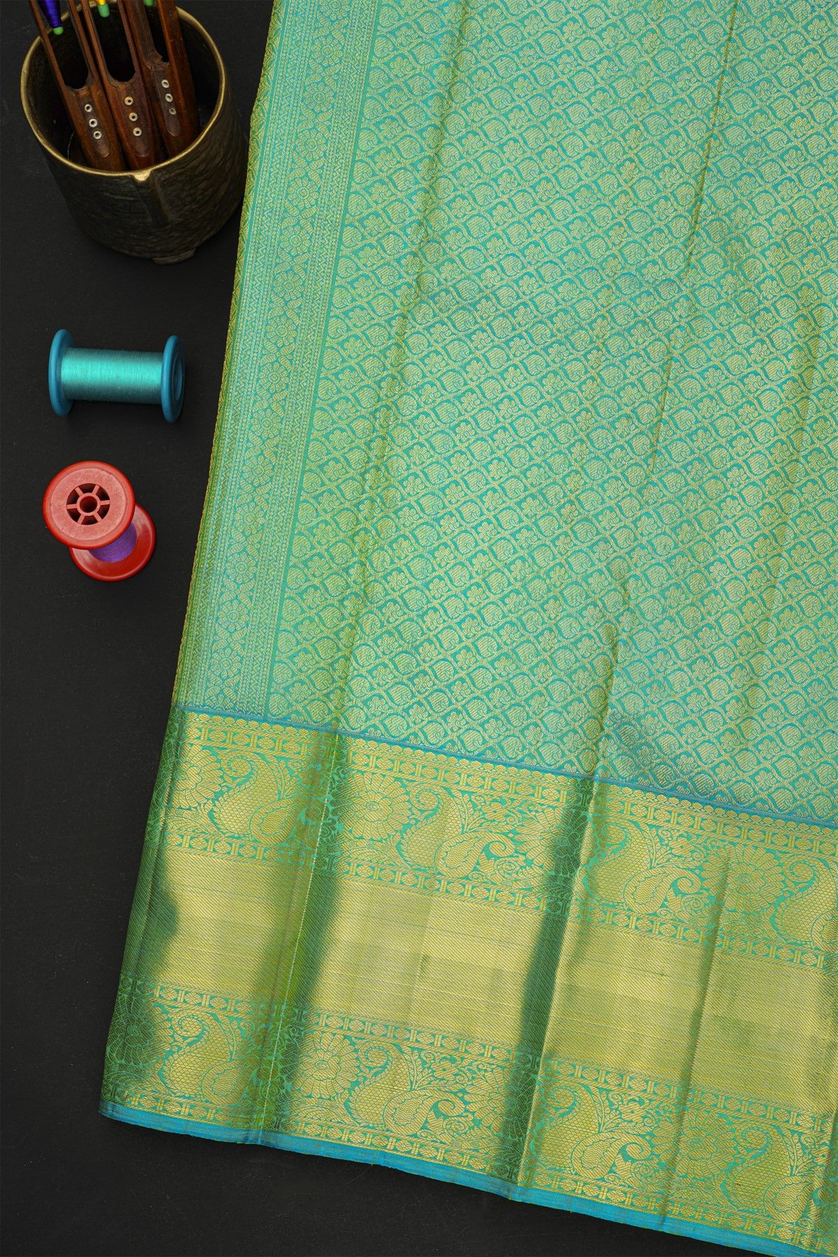 Kancheepuram Silk Parrot Green Saree With Paisleys And Cross Lines Border