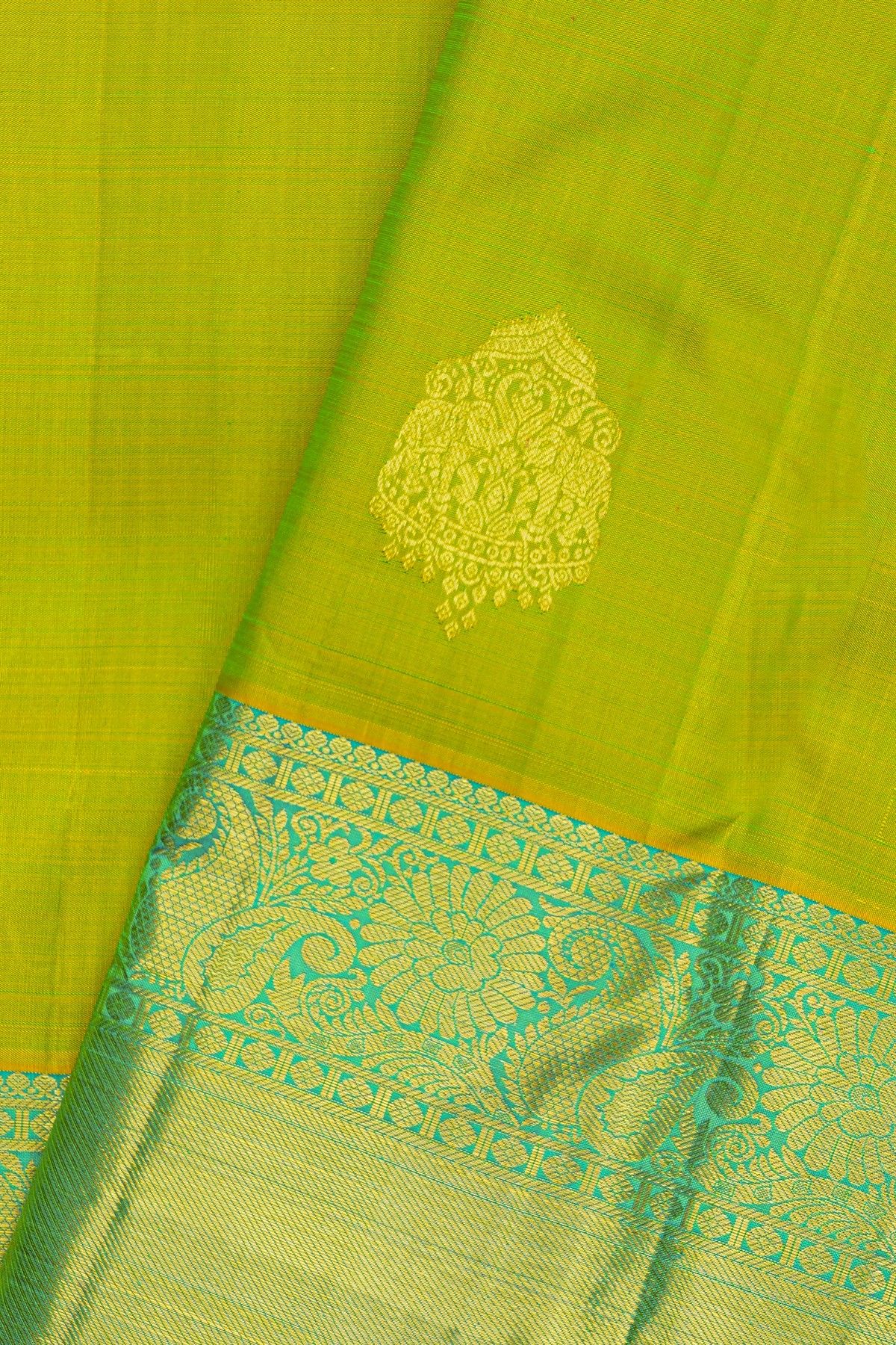 Kancheepuram Silk Parrot Green Saree With Paisleys And Cross Lines Border