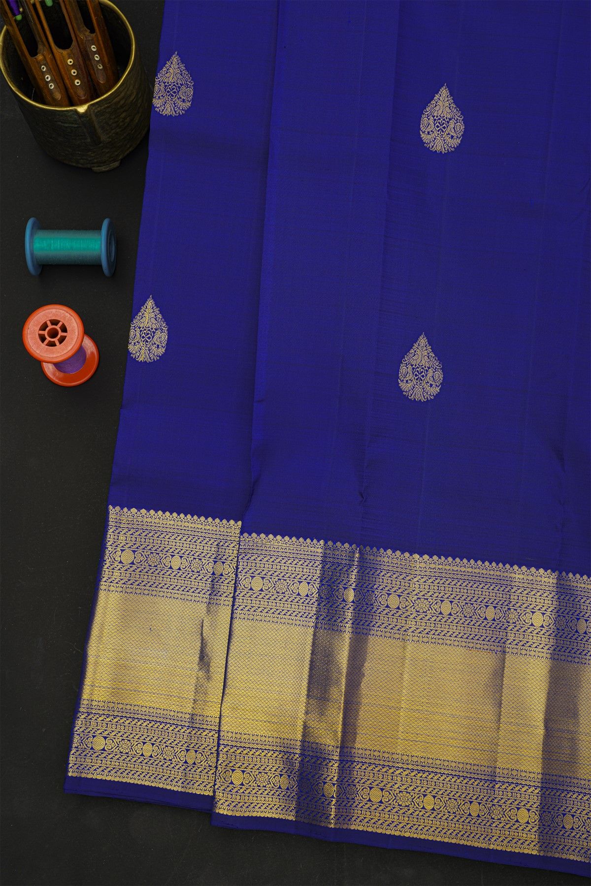 Kancheepuram Silk Blue Saree With Florals And Diamonds In Lines Border