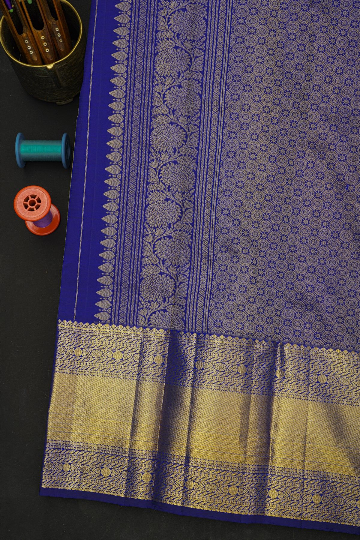 Kancheepuram Silk Blue Saree With Florals And Diamonds In Lines Border