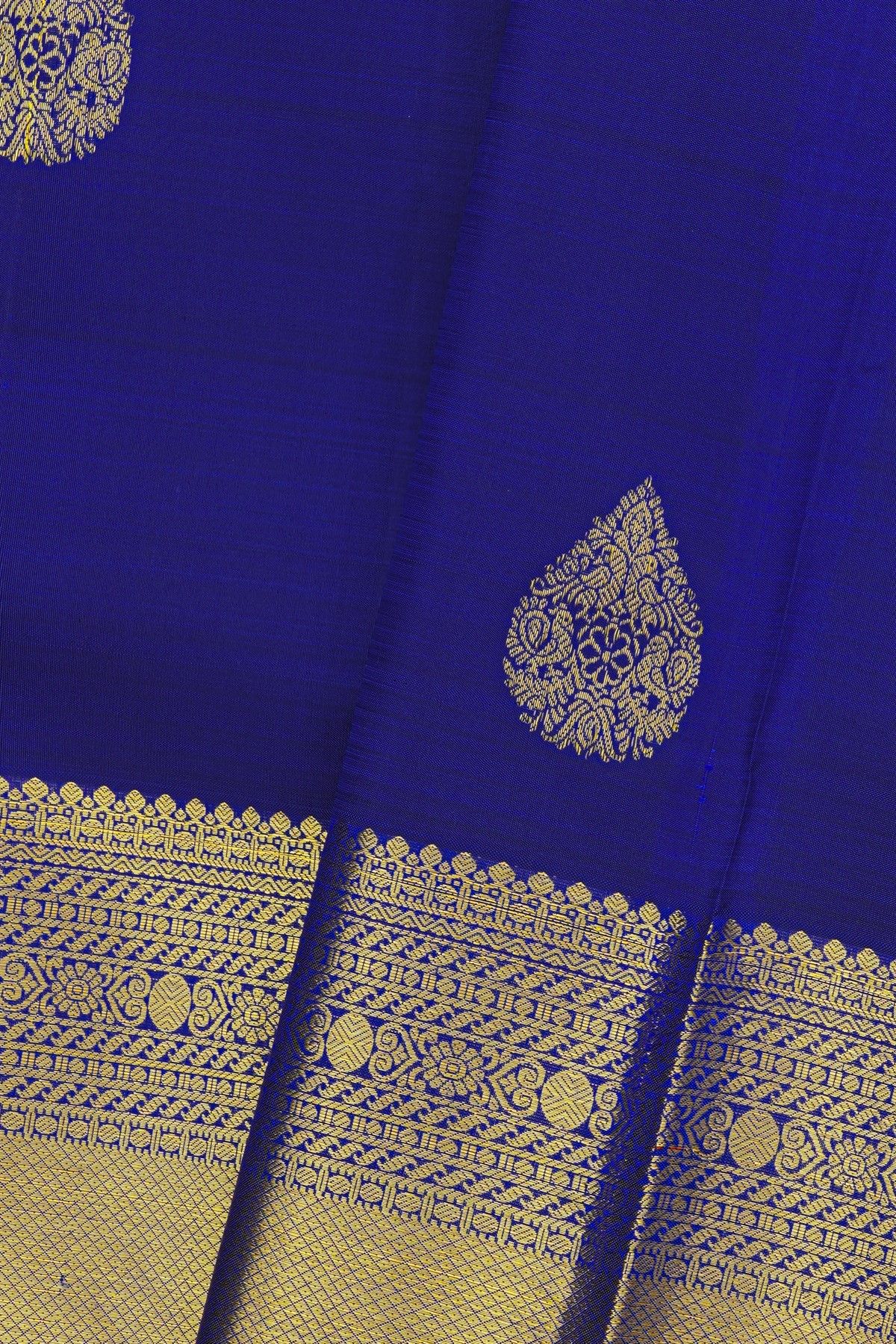 Kancheepuram Silk Blue Saree With Florals And Diamonds In Lines Border