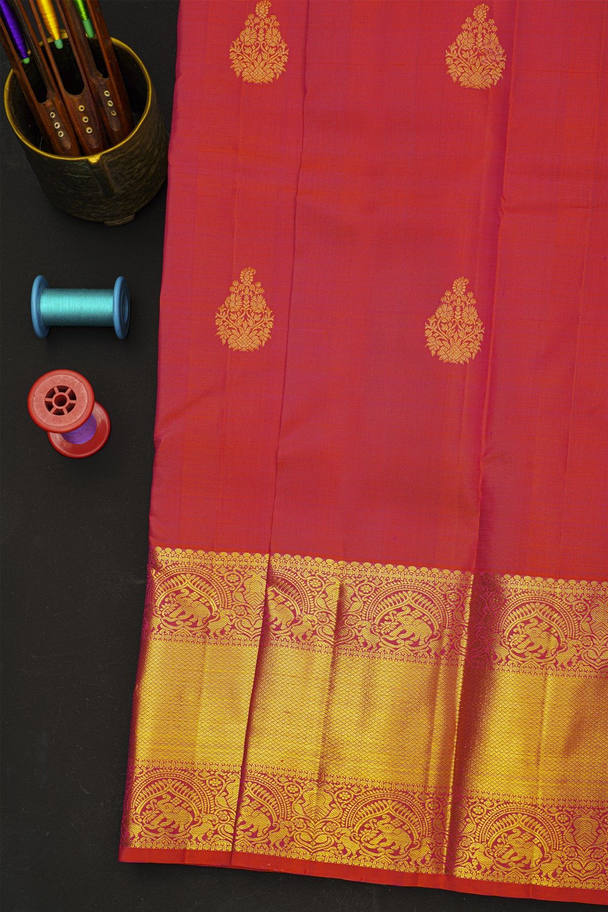 Kancheepuram Silk Peach Saree With Yalis And Elephants Diamond Border