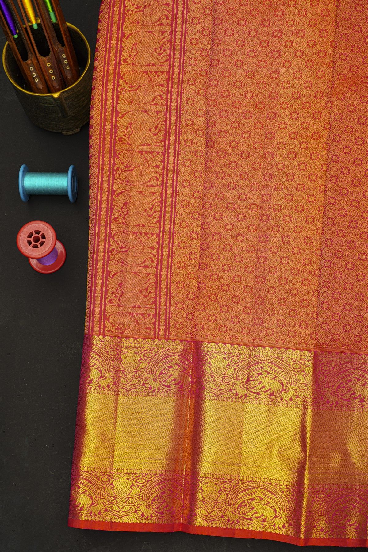 Kancheepuram Silk Peach Saree With Yalis And Elephants Diamond Border