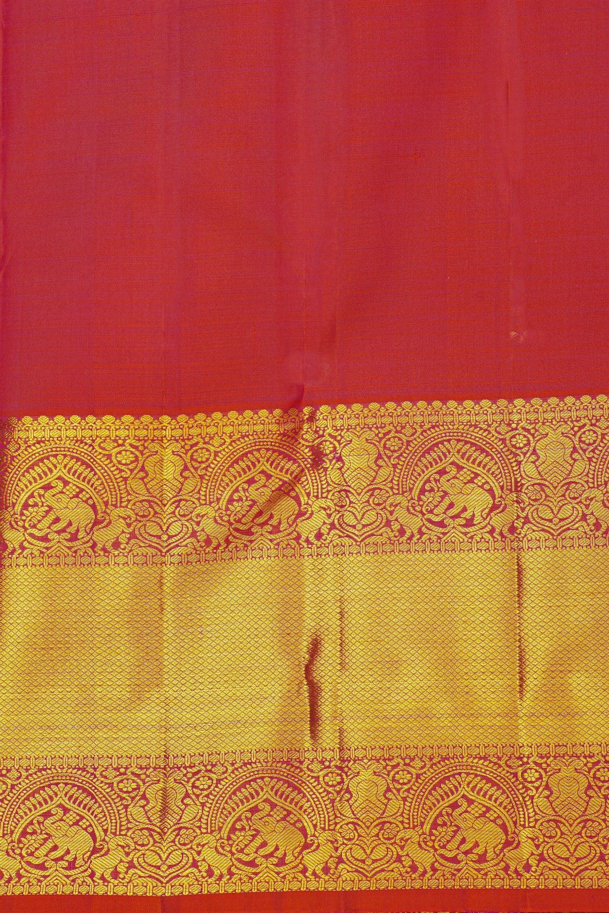 Kancheepuram Silk Peach Saree With Yalis And Elephants Diamond Border