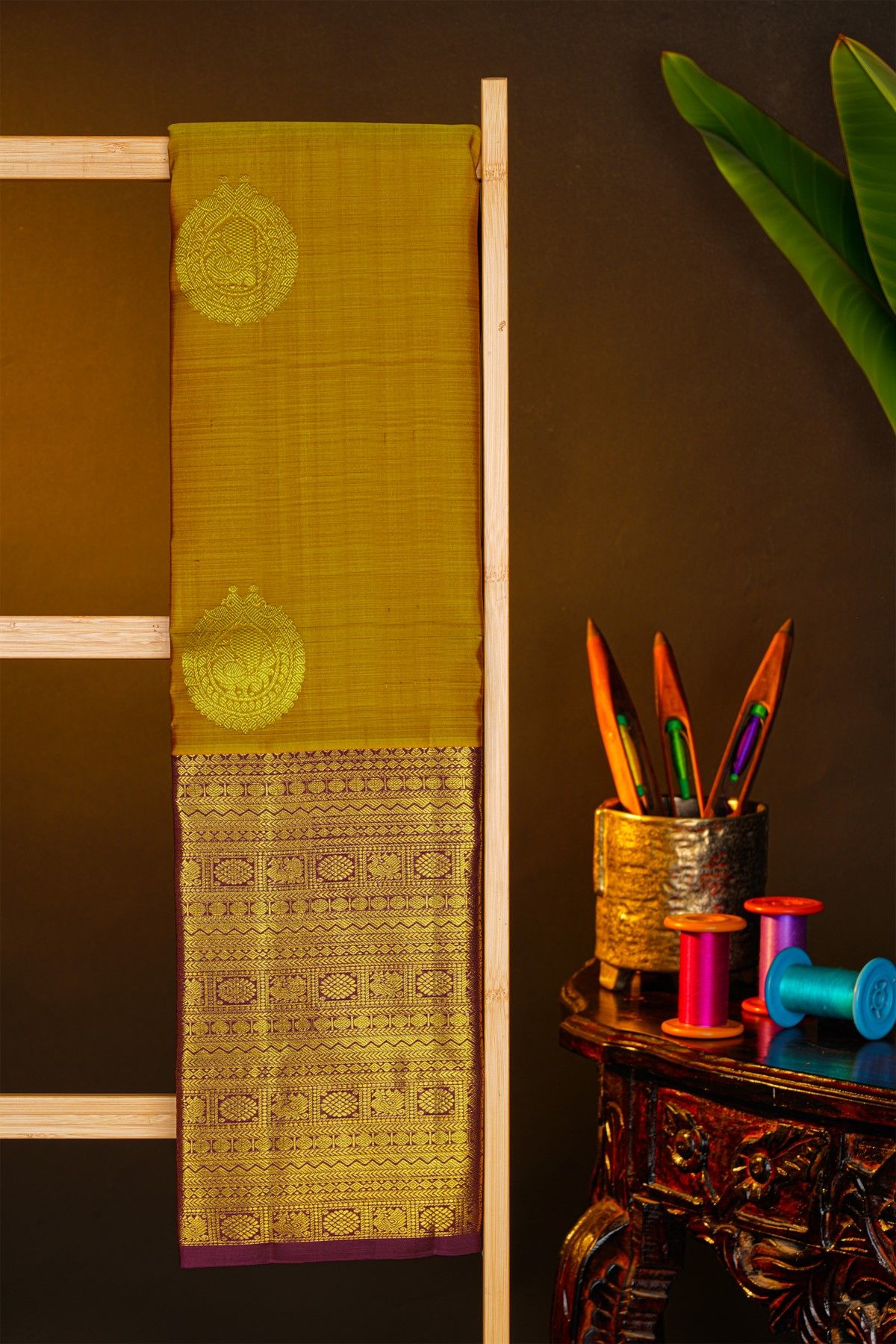 Kancheepuram Silk Mustard Saree With Florals And Peacocks In Zari Body