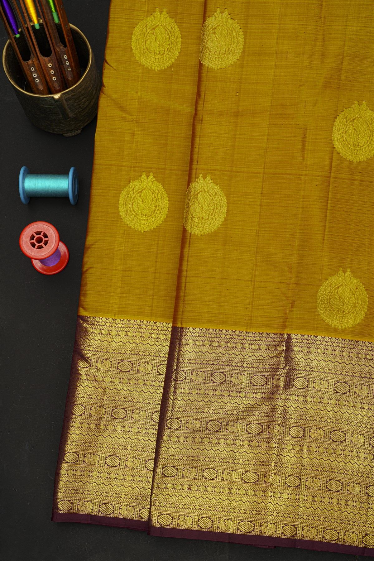 Kancheepuram Silk Mustard Saree With Florals And Peacocks In Zari Body