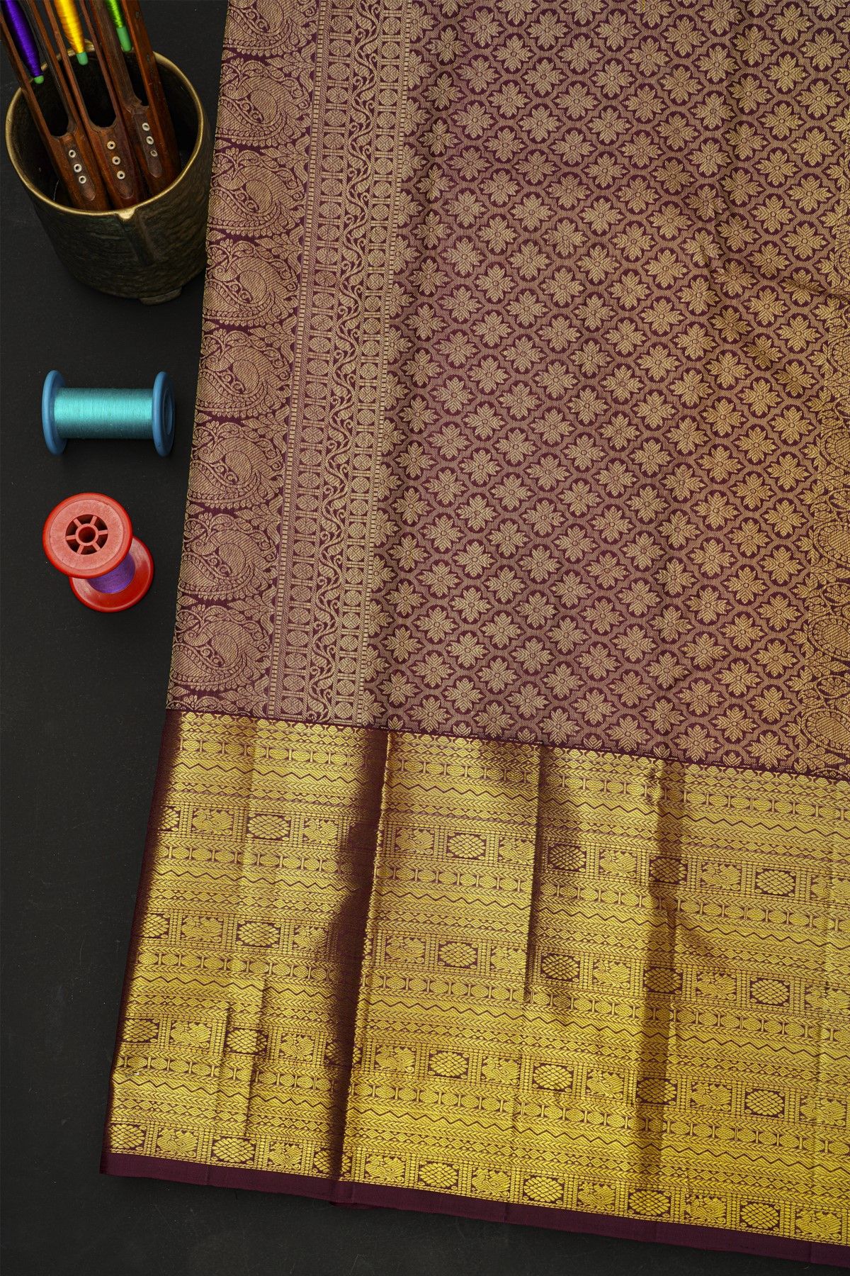 Kancheepuram Silk Mustard Saree With Florals And Peacocks In Zari Body