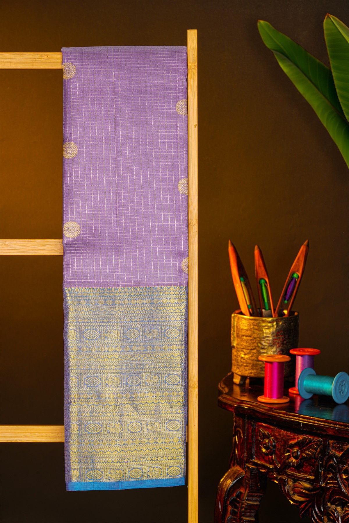 Kancheepuram Silk Lavender Saree With Florals In Zari Checks Body