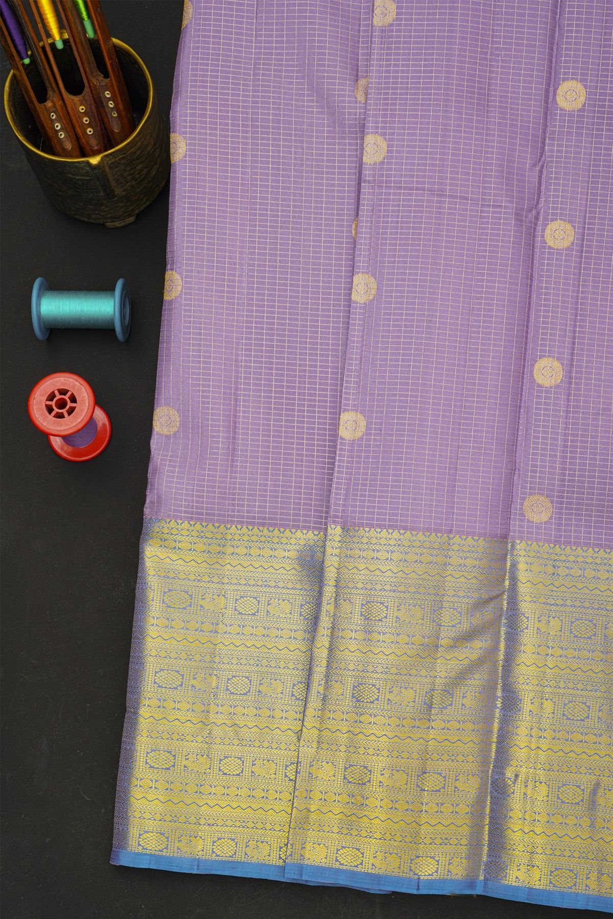 Kancheepuram Silk Lavender Saree With Florals In Zari Checks Body