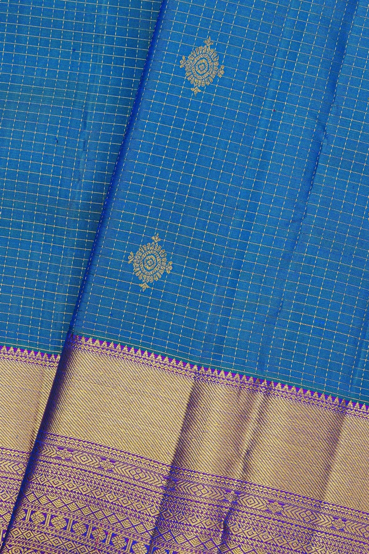 Kancheepuram Silk Royal Blue Saree With Checks And Floral Buttis Body