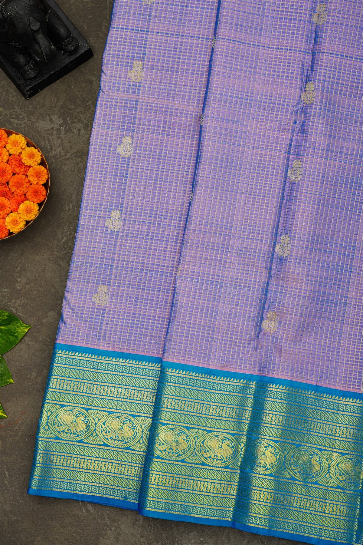 Kancheepuram Silk Dual Colour Saree With Zari Checks Florals And Buttis Body