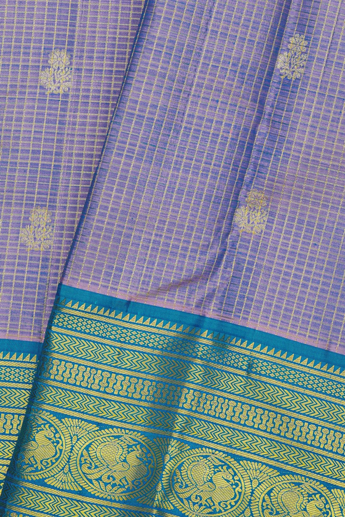 Kancheepuram Silk Dual Colour Saree With Zari Checks Florals And Buttis Body