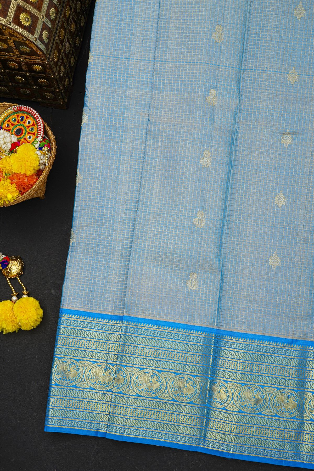 Kancheepuram Silk Ice Blue Saree With Florals And Peacocks Border