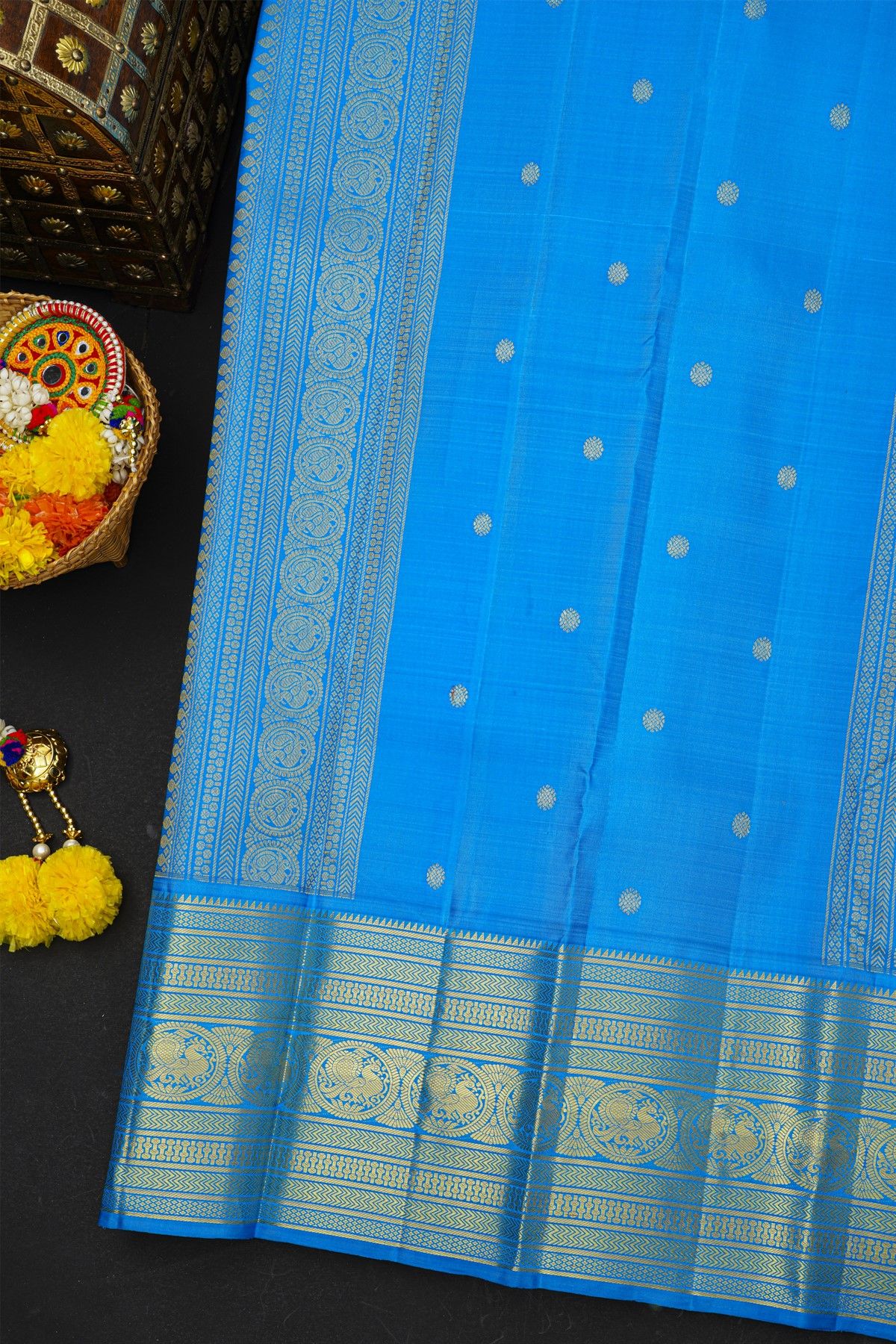 Kancheepuram Silk Ice Blue Saree With Florals And Peacocks Border