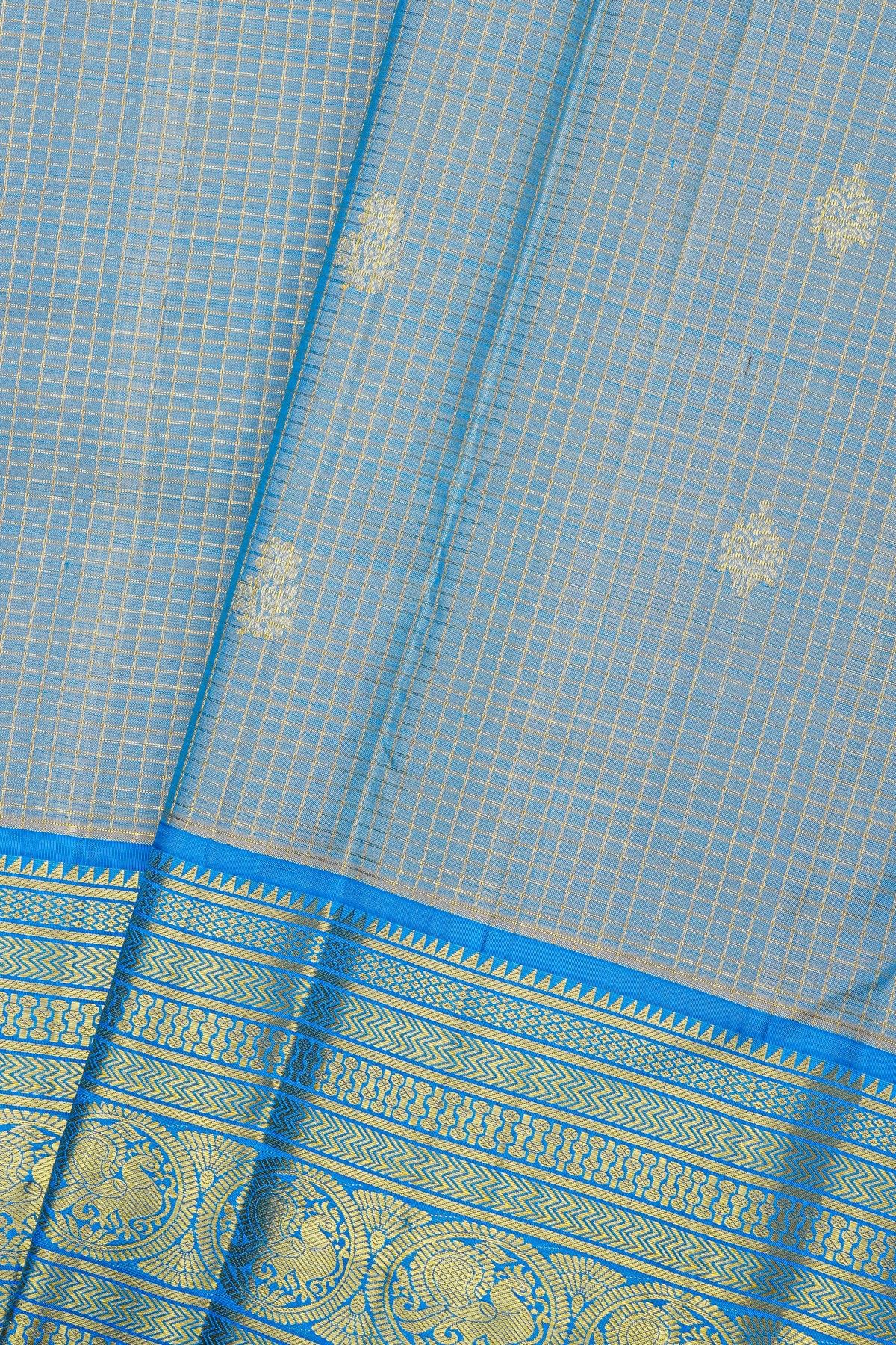 Kancheepuram Silk Ice Blue Saree With Florals And Peacocks Border