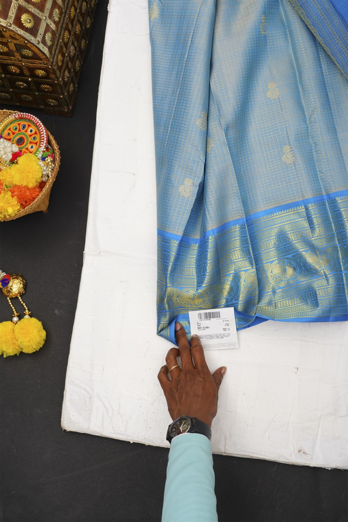 Kancheepuram Silk Ice Blue Saree With Florals And Peacocks Border
