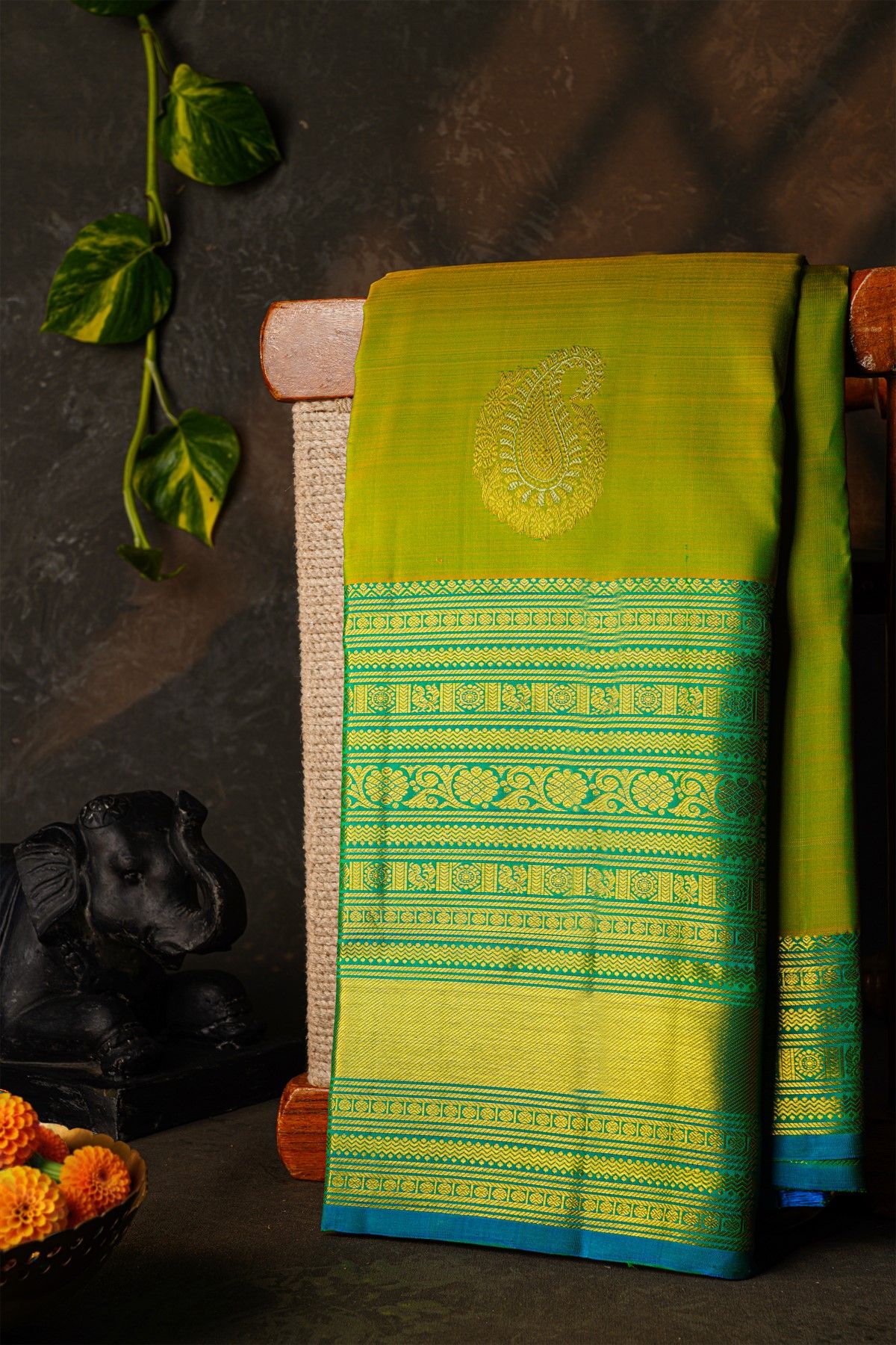 Kancheepuram Silk Lime Green Saree With Mango Paisley Buttis Body