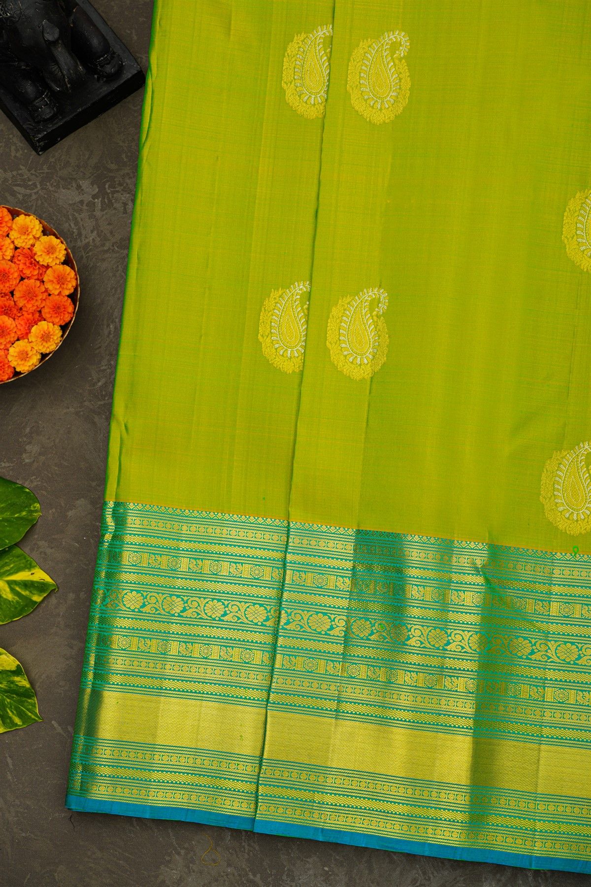 Kancheepuram Silk Lime Green Saree With Mango Paisley Buttis Body