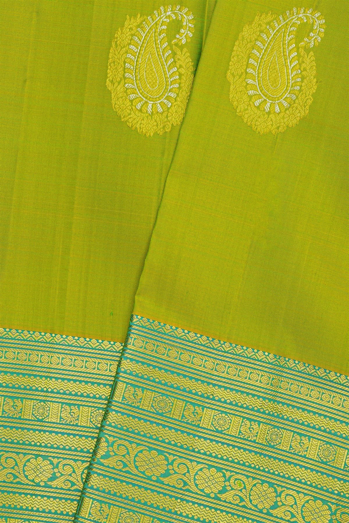 Kancheepuram Silk Lime Green Saree With Mango Paisley Buttis Body