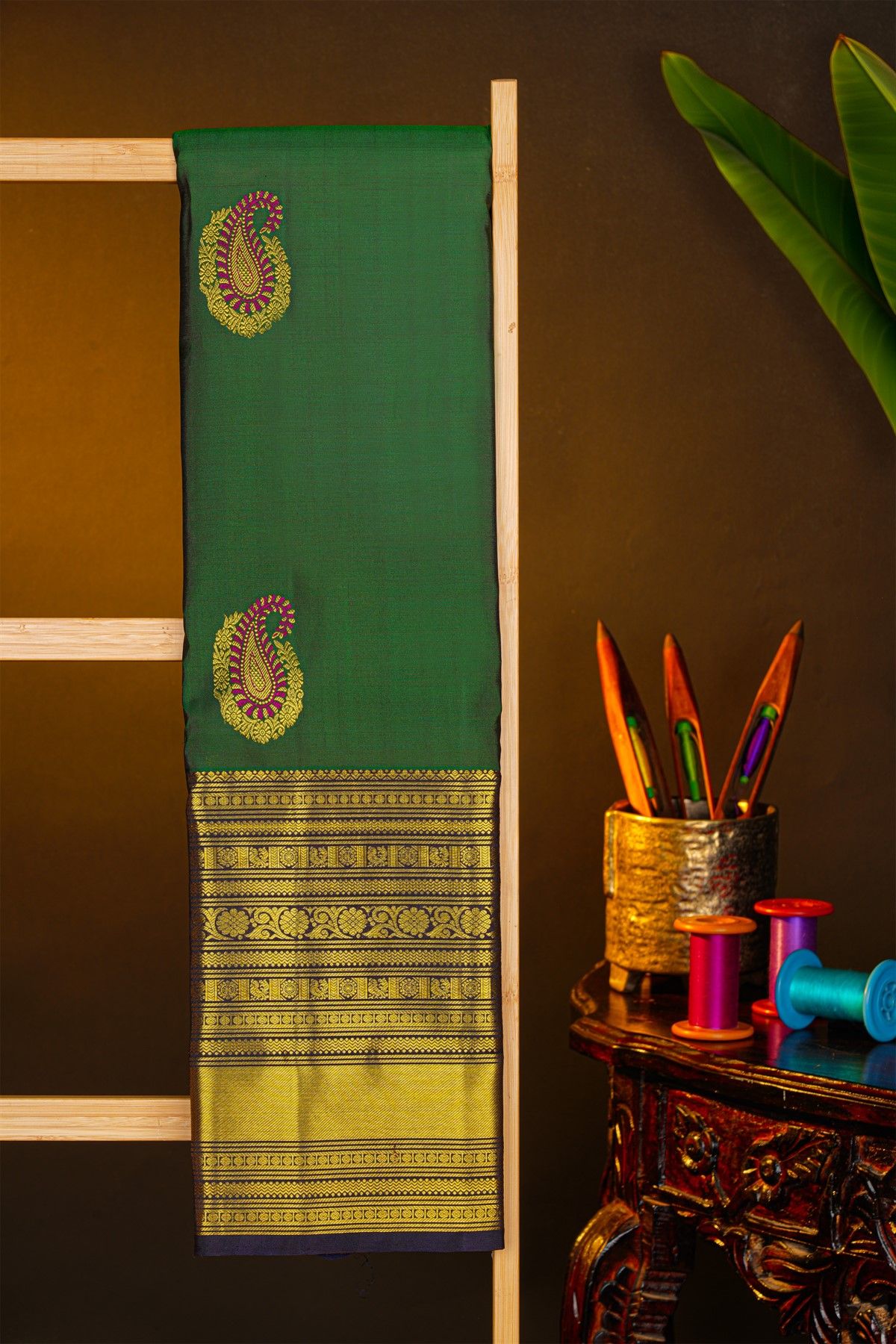 Kancheepuram Silk Bottle Green Saree With Florals And Paisleys In Zari Body