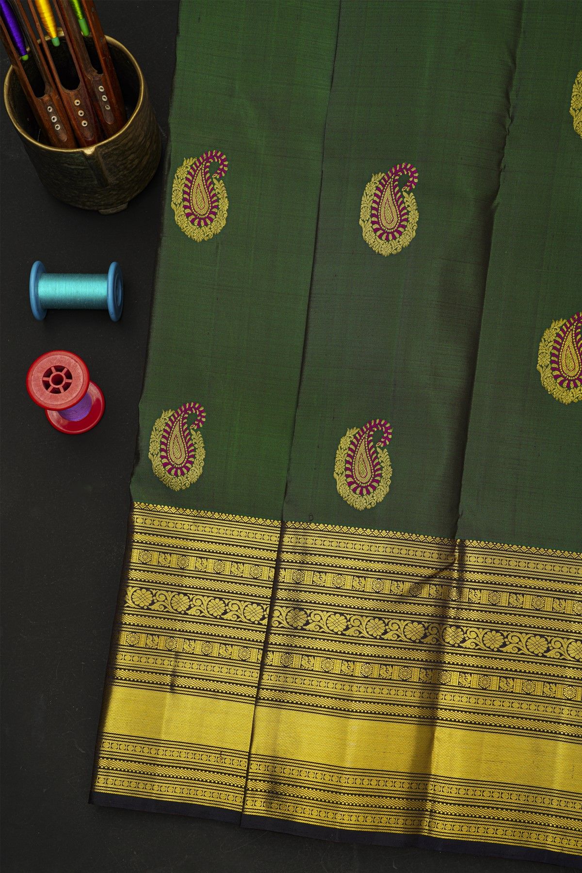 Kancheepuram Silk Bottle Green Saree With Florals And Paisleys In Zari Body