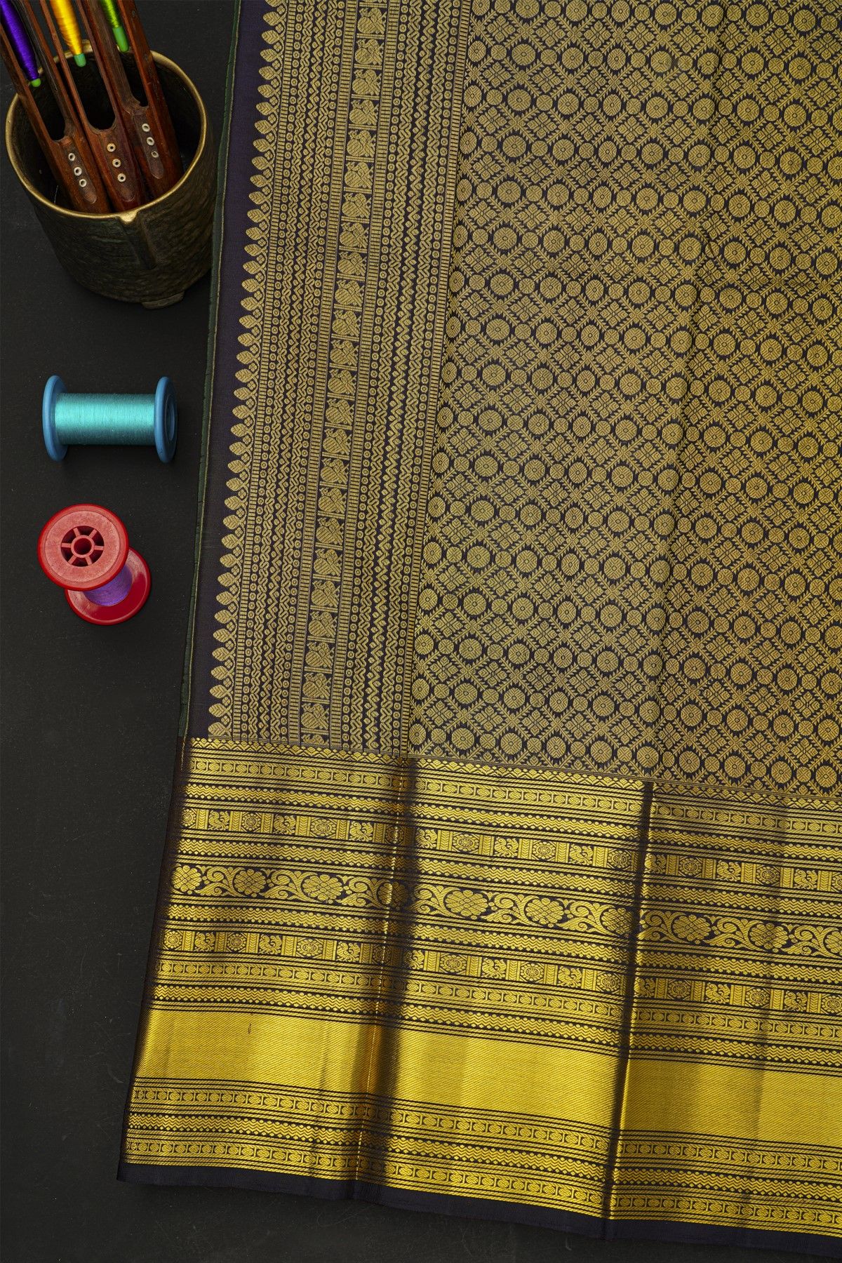 Kancheepuram Silk Bottle Green Saree With Florals And Paisleys In Zari Body