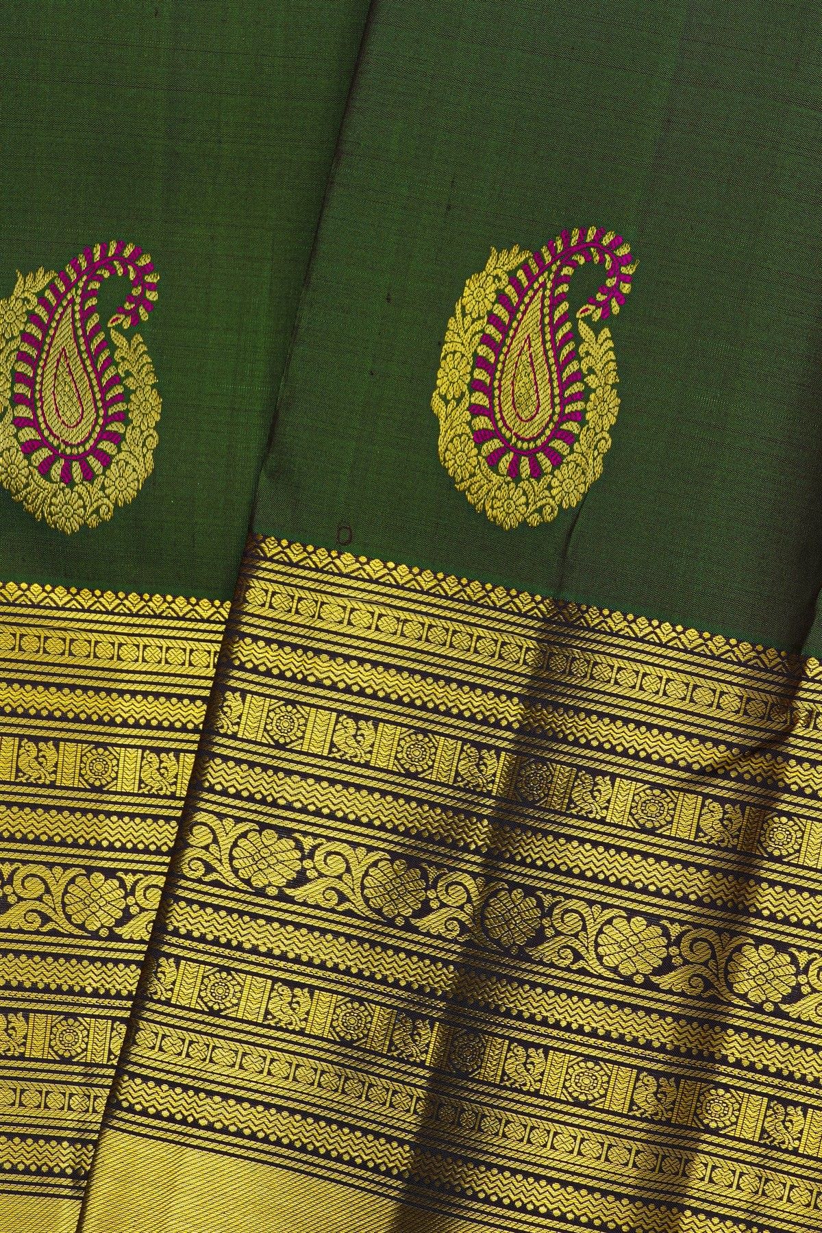 Kancheepuram Silk Bottle Green Saree With Florals And Paisleys In Zari Body