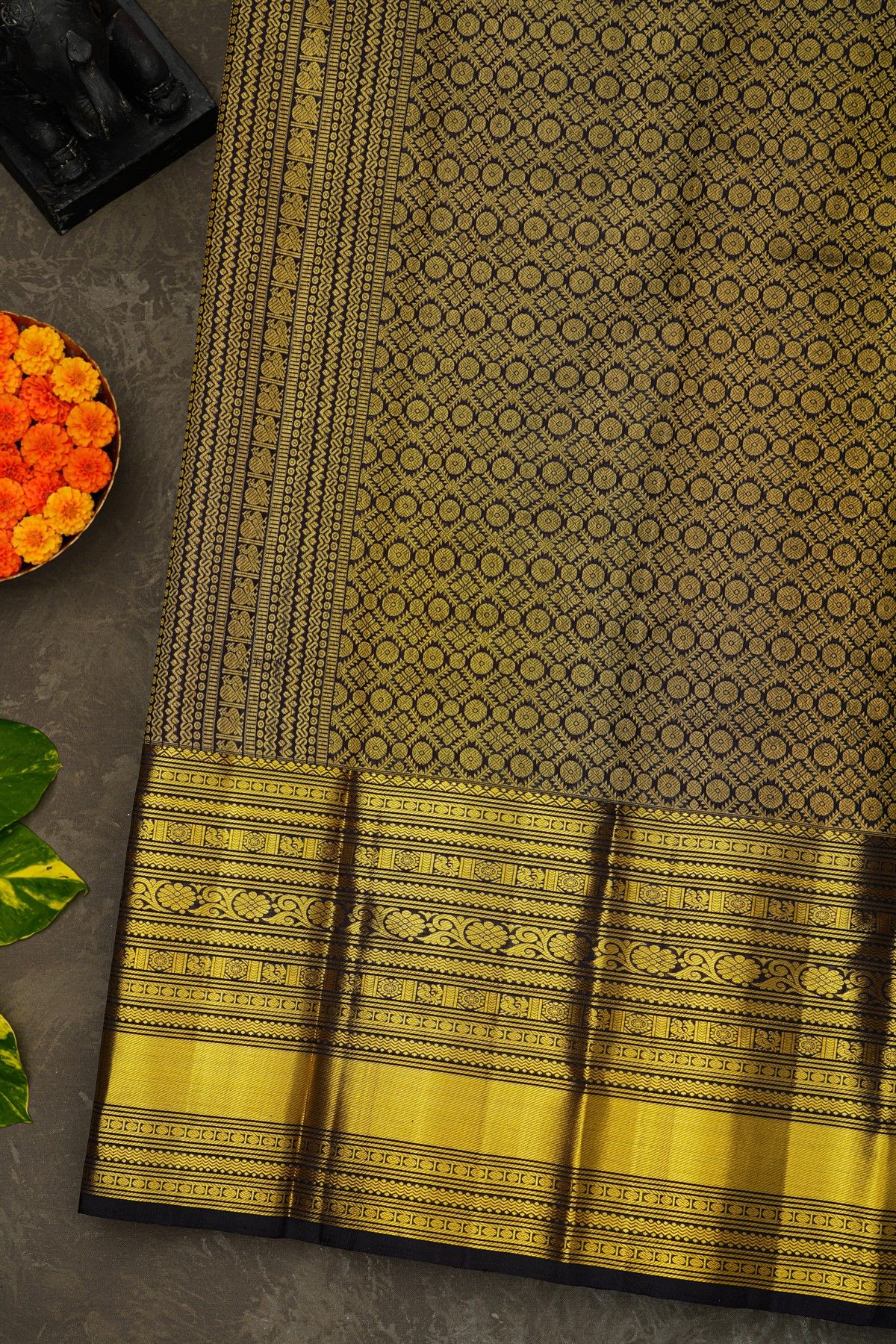 Kancheepuram Silk Bottle Green Saree With Florals And Paisley In Meena Buttis Body