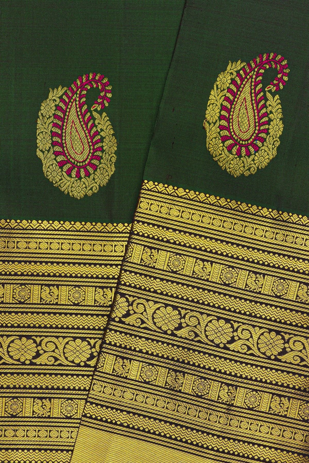 Kancheepuram Silk Bottle Green Saree With Florals And Paisley In Meena Buttis Body