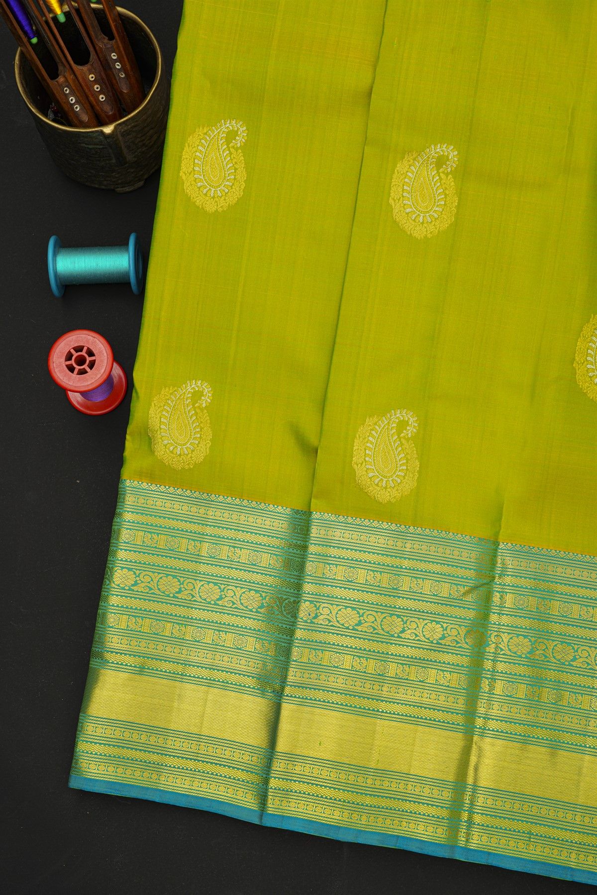 Kancheepuram Silk Green Saree With Florals And Paisleys In Zari Body