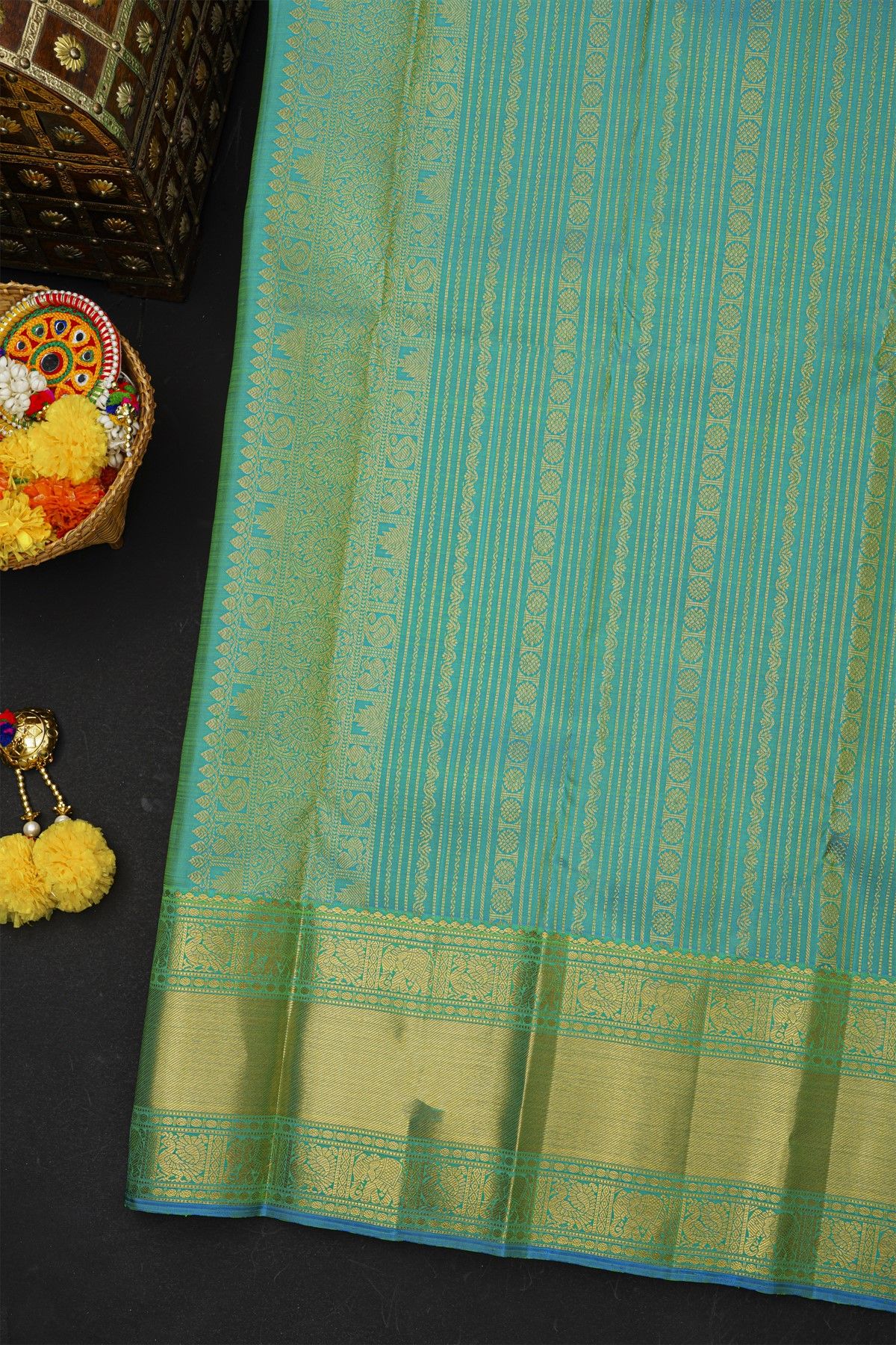 Kancheepuram Silk Parrot Green Saree With Peacock And Elephant Buttis Body