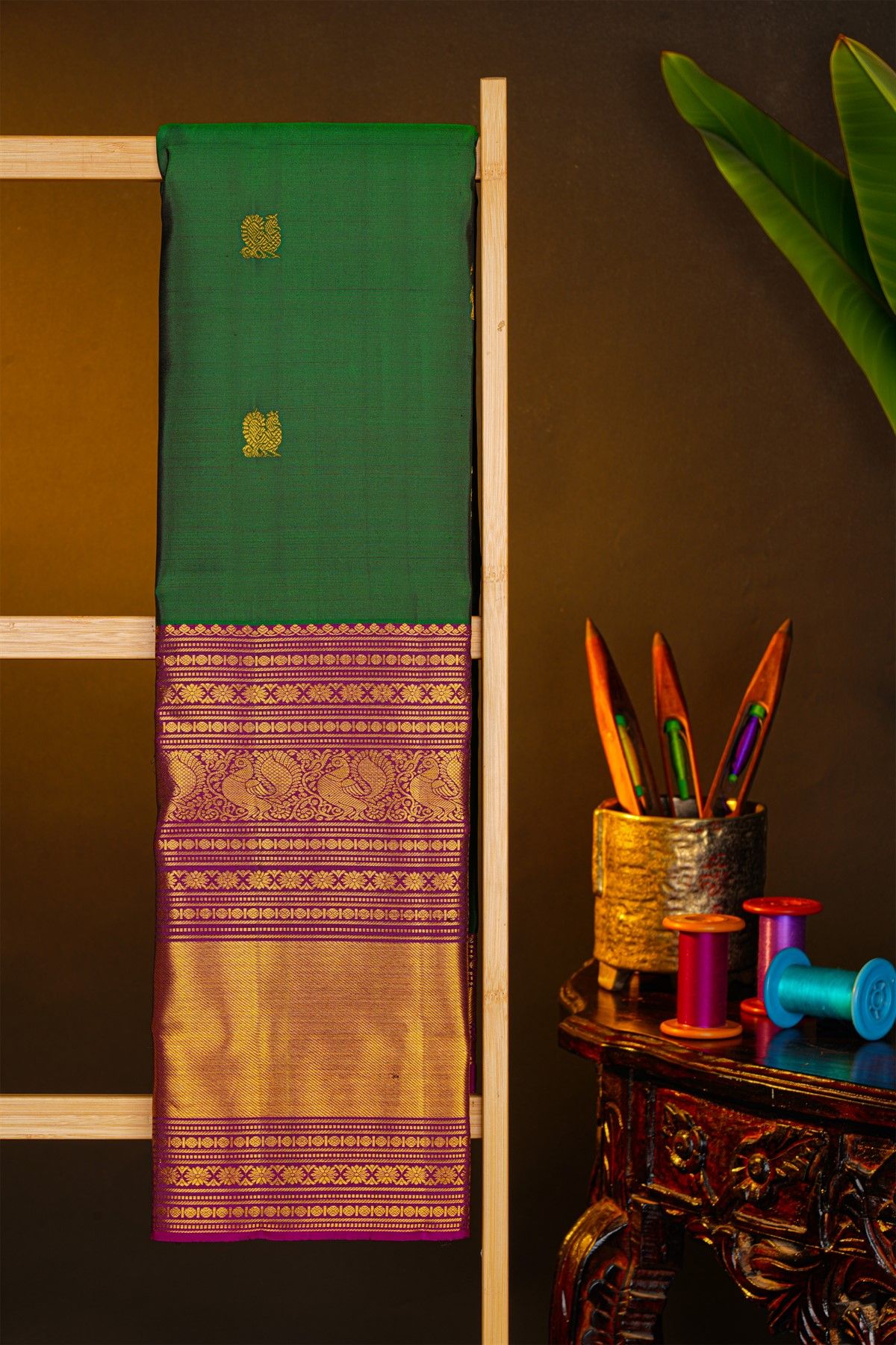 Kancheepuram Silk Bottle Green Saree With Peacocks And Elephants In Zari Body And Traditional Border