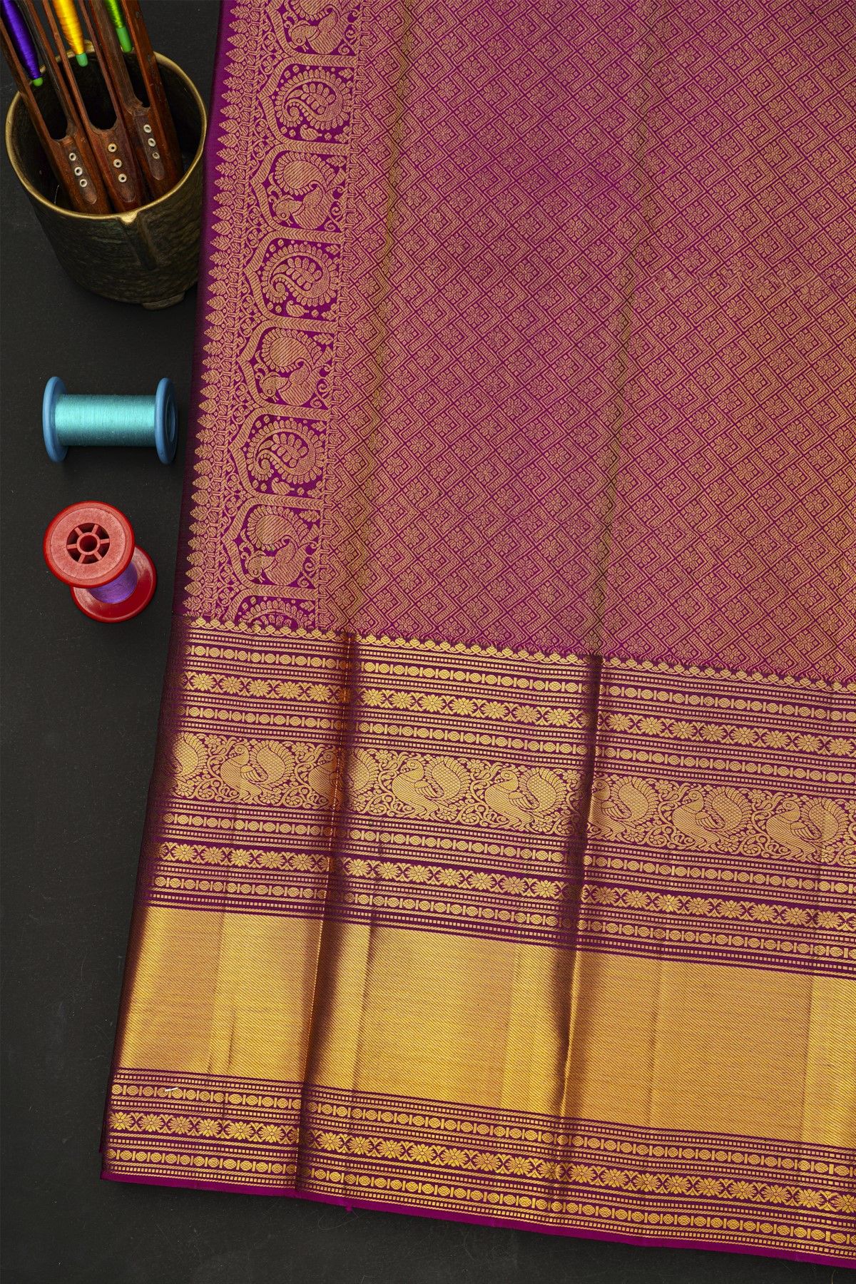Kancheepuram Silk Bottle Green Saree With Peacocks And Elephants In Zari Body And Traditional Border