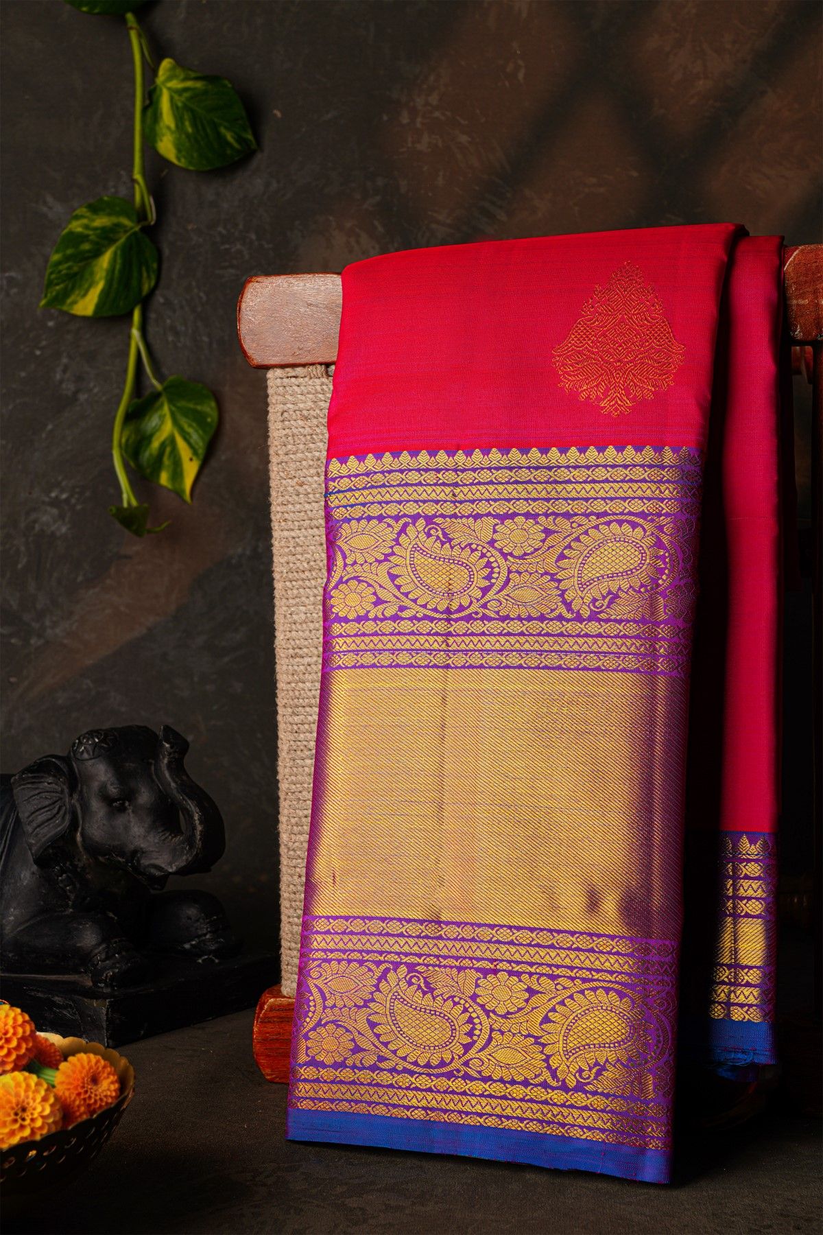 Kancheepuram Silk Rani Pink Saree With Florals And Paisleys Border