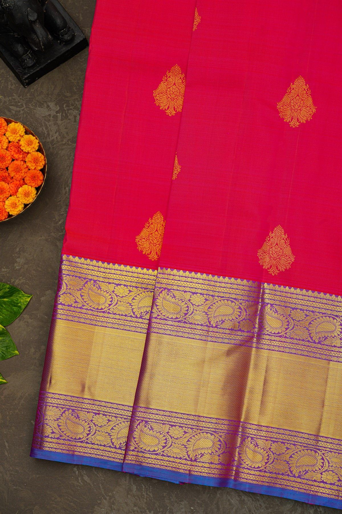 Kancheepuram Silk Rani Pink Saree With Florals And Paisleys Border